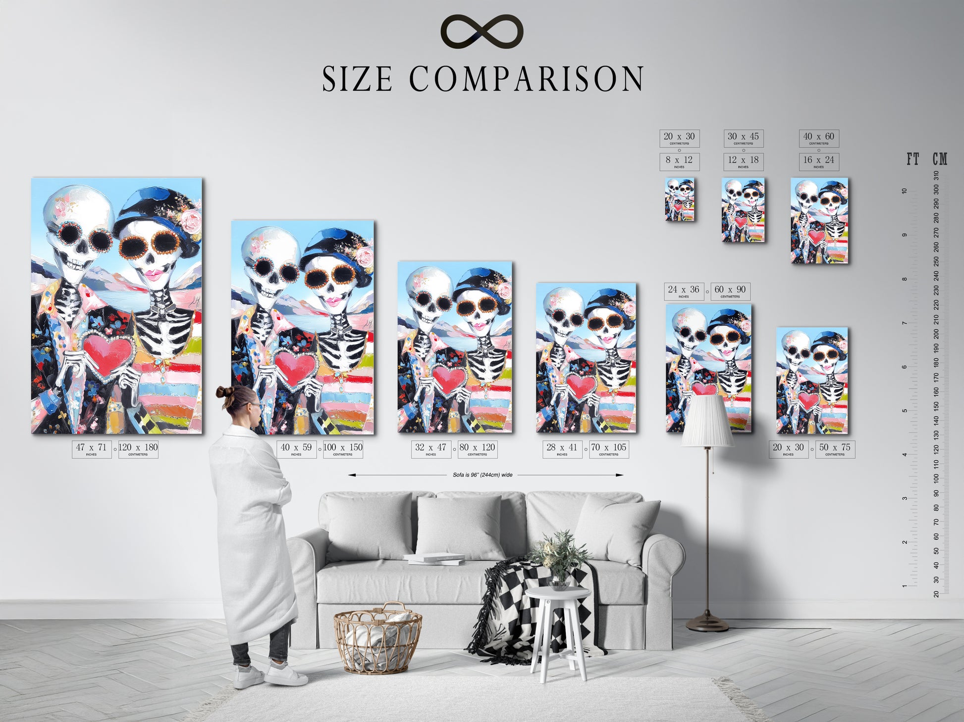 Size comparison chart in a styled interior. See how the Dia de los Muertos canvas print fits various spaces. Visualize the sugar skull art in your living room. Choose the perfect size for your home altar decor.