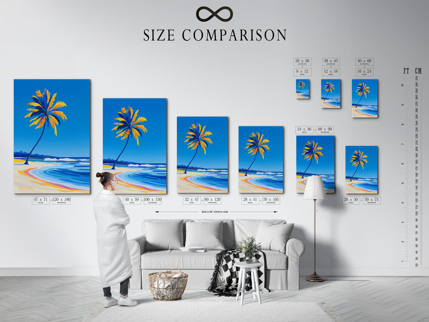 Size comparison chart in an interior setting. Featuring Palm Tree Beach artwork. Visualize how this tropical coastal canvas print fits in your space. Choose the perfect size for your ocean wave wall art. See the impact of this nautical art on your living room or bedroom.