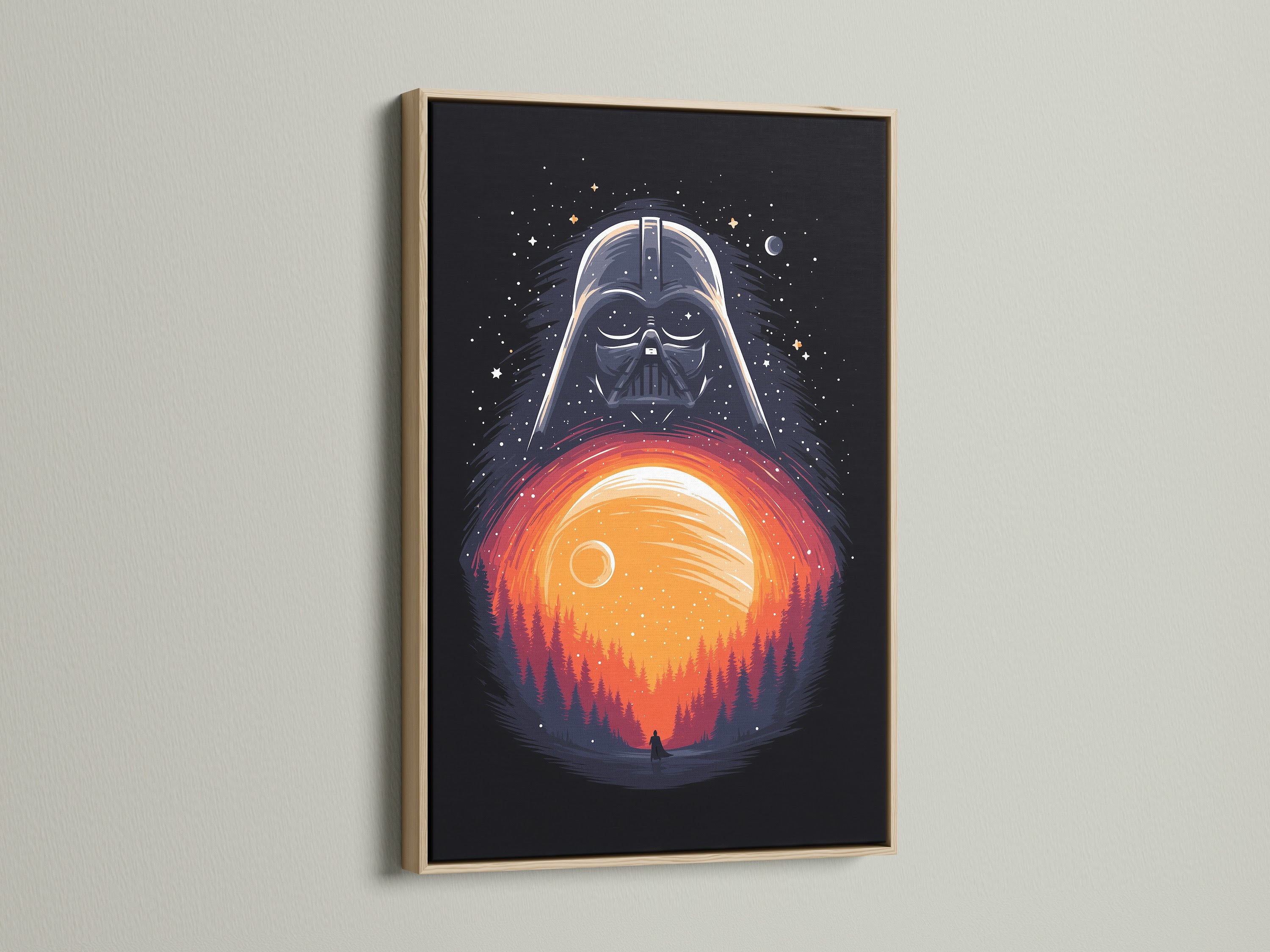 Darth Vader Star Wars sunset art in an oak frame. This movie poster art adds a touch of sci-fi to any room. Perfect geek decor for man caves and bedrooms. Discover this unique film art print now.