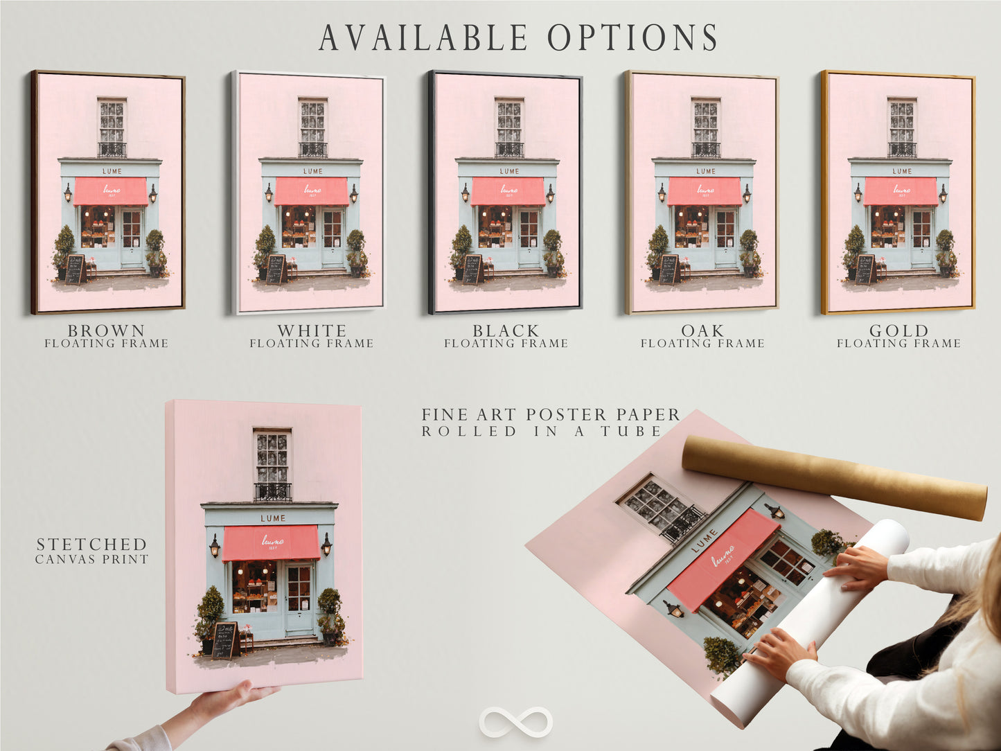 This image showcases available options for purchasing artwork. Options include a stretched canvas print. There is also a fine art poster paper. A floating frame is another choice. Customers can select their preferred format. Each option offers a unique way to display and enjoy the artwork. The variety ensures there is something for everyone.