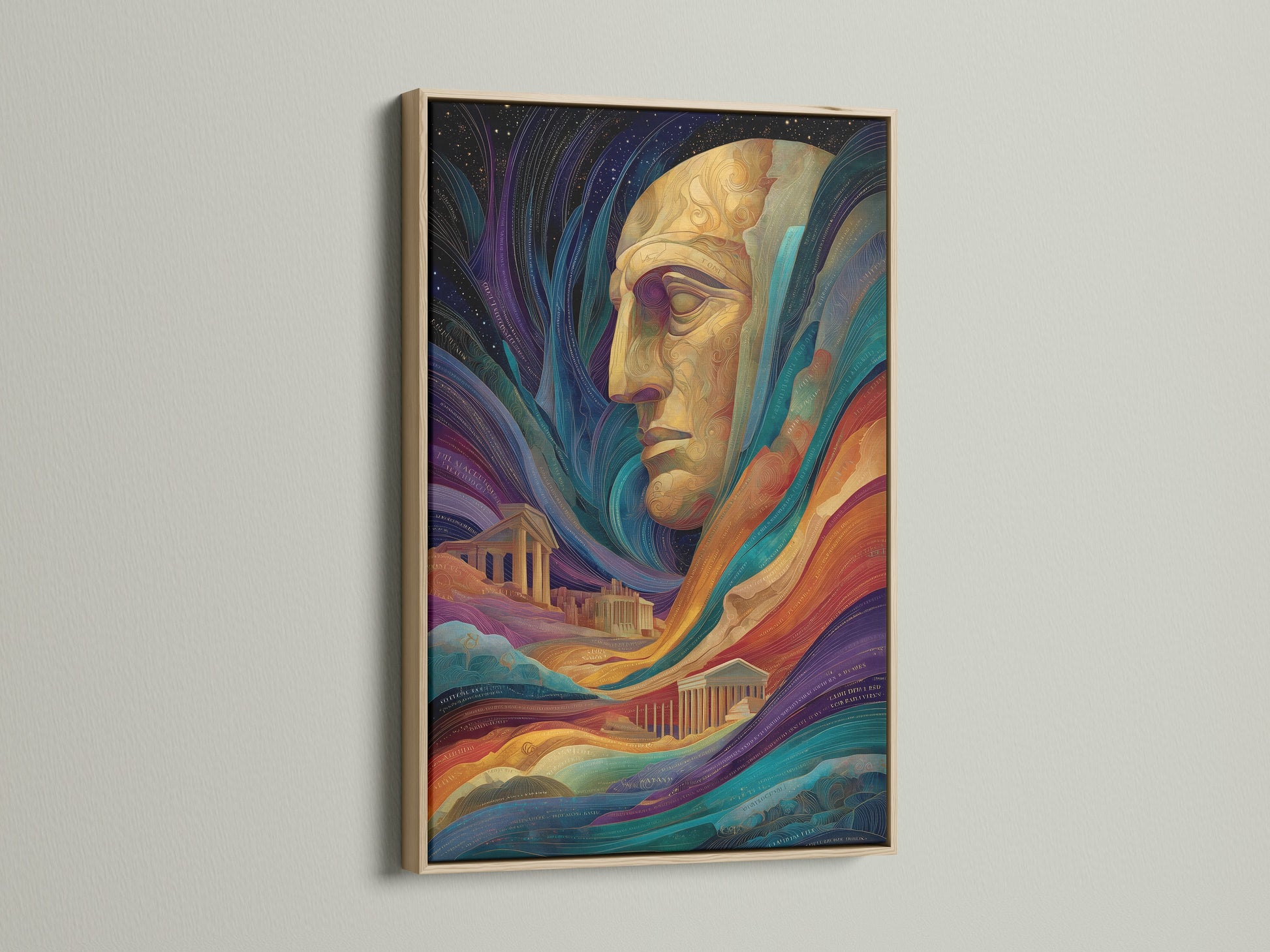 A surreal portrait artwork is displayed in an oak frame. The artwork features a colorful abstract face. The artwork would be great as psychedelic digital art for modern office decor. The style is contemporary. The primary color is gold and the secondary color is blue