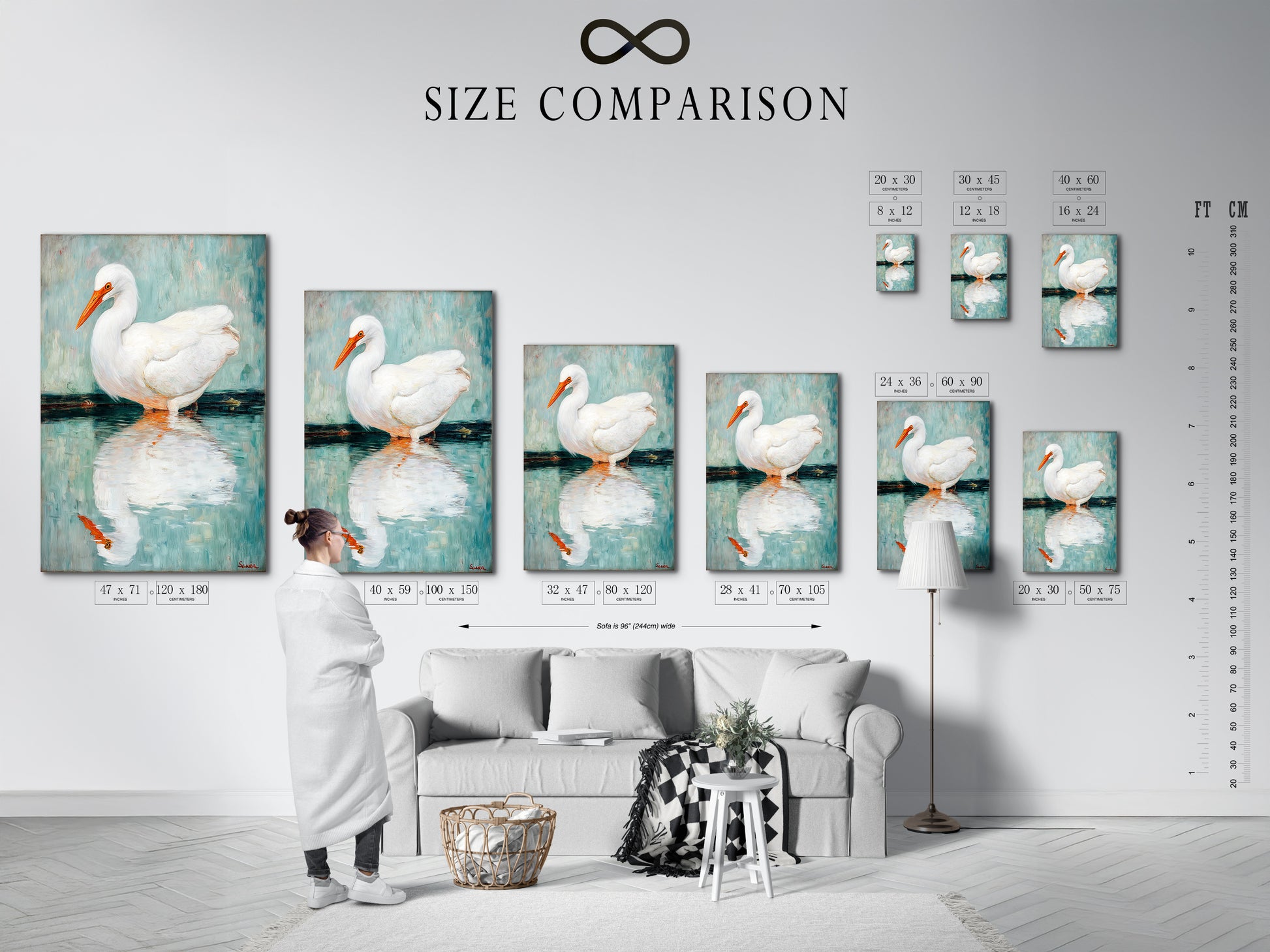 A size comparison chart is displayed in an interior setting. See how the Egret artwork fits in your space. The coastal bird wall art comes in various sizes. Perfect for homeowners renters and interior designers. Visualize the impact of this heron print. Choose the ideal size for your living room or bathroom wall decor.