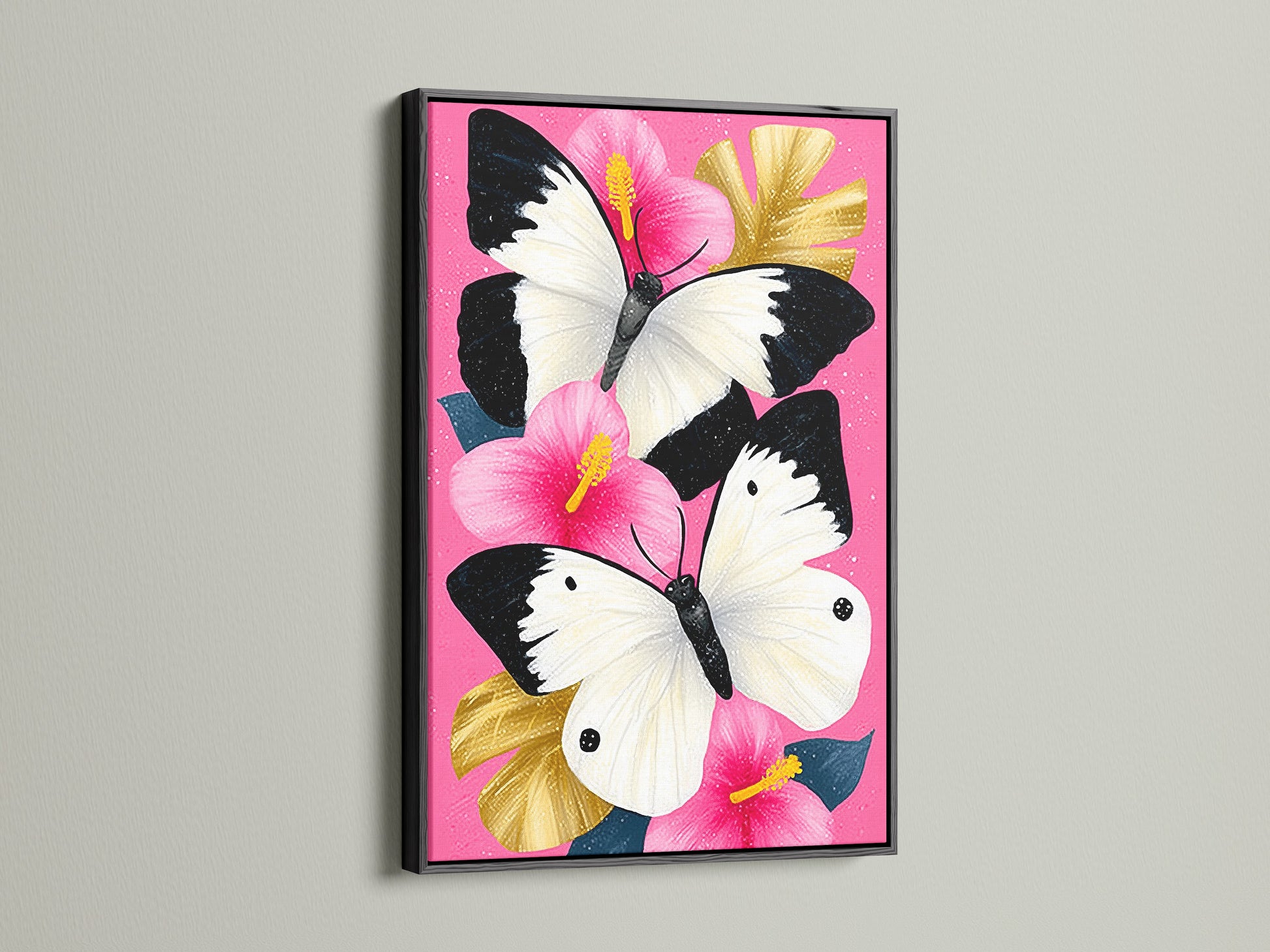 Butterfly Canvas Artwork with a Black Frame. The artwork features a pink hibiscus wall art with white butterflies. This vibrant art is perfect for summer decor. Elevate your space with this unique and stylish piece.