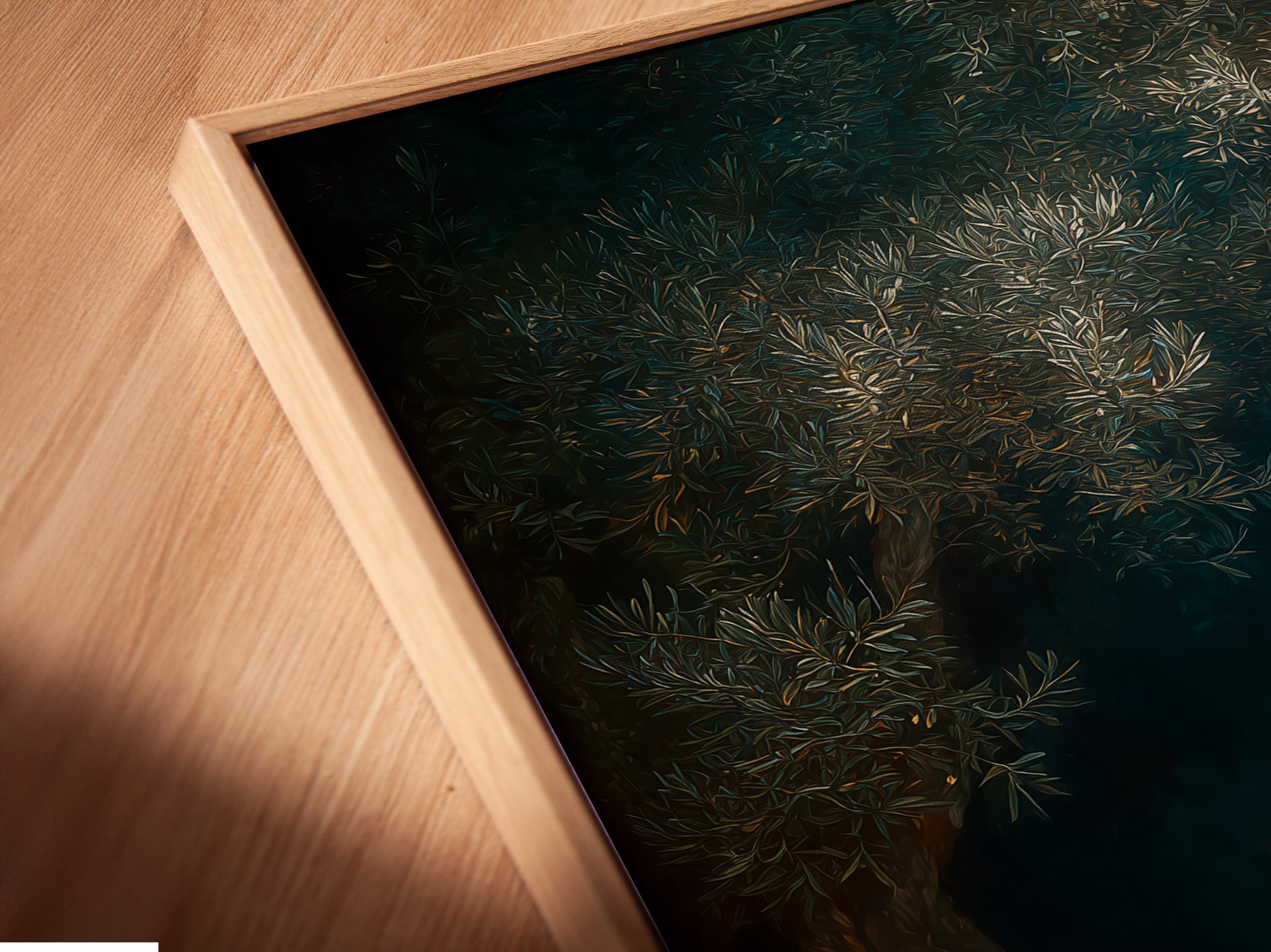 An angled close up shows a canvas print in a floating frame. The artwork appears to float within the frame. This creates a modern and stylish look. Perfect for showcasing your favorite pieces. Elevate your art with a floating frame. Order yours today and transform your art.