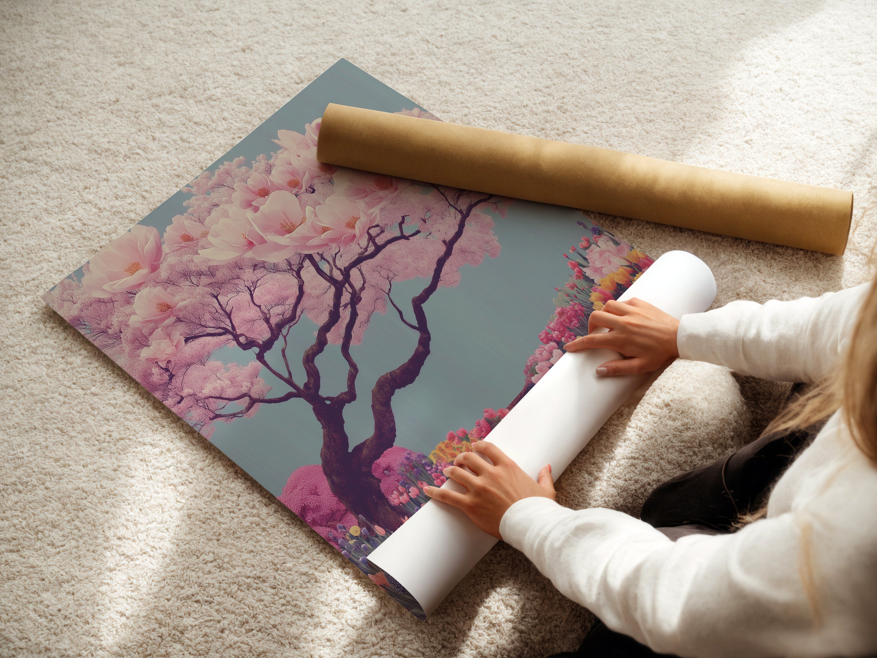 A woman carefully rolling a fine art poster paper featuring cherry blossom artwork. This Japanese garden print showcases pink sakura. This botanical print is perfect for adding a touch of spring to your home. Ideal for framing this fine art poster enhances bedroom decor and office spaces. Discover zen decor.