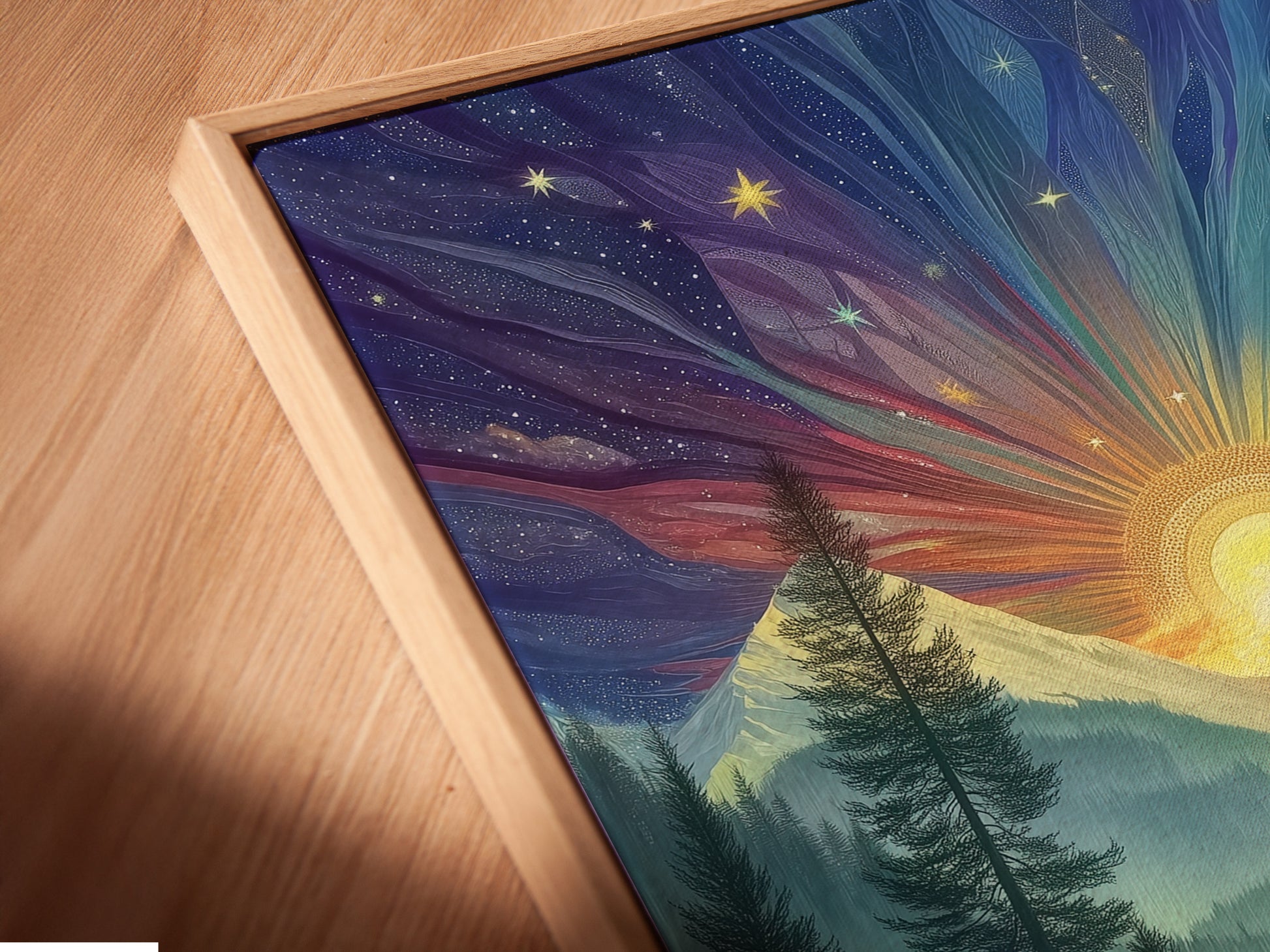 A close-up of a canvas print in a floating frame. The mystical forest artwork shows intricate details. A great addition to any art collection. The cosmic landscape adds wonder.