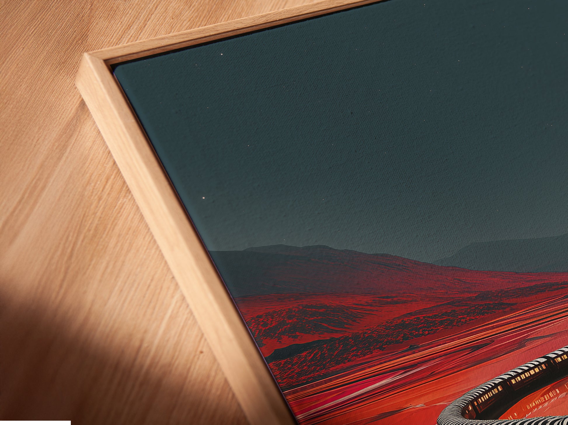 Angled close up of a Train Journey canvas print in a floating frame. The floating frame adds a modern touch. This retro railroad artwork is ready to hang. Perfect for any room.