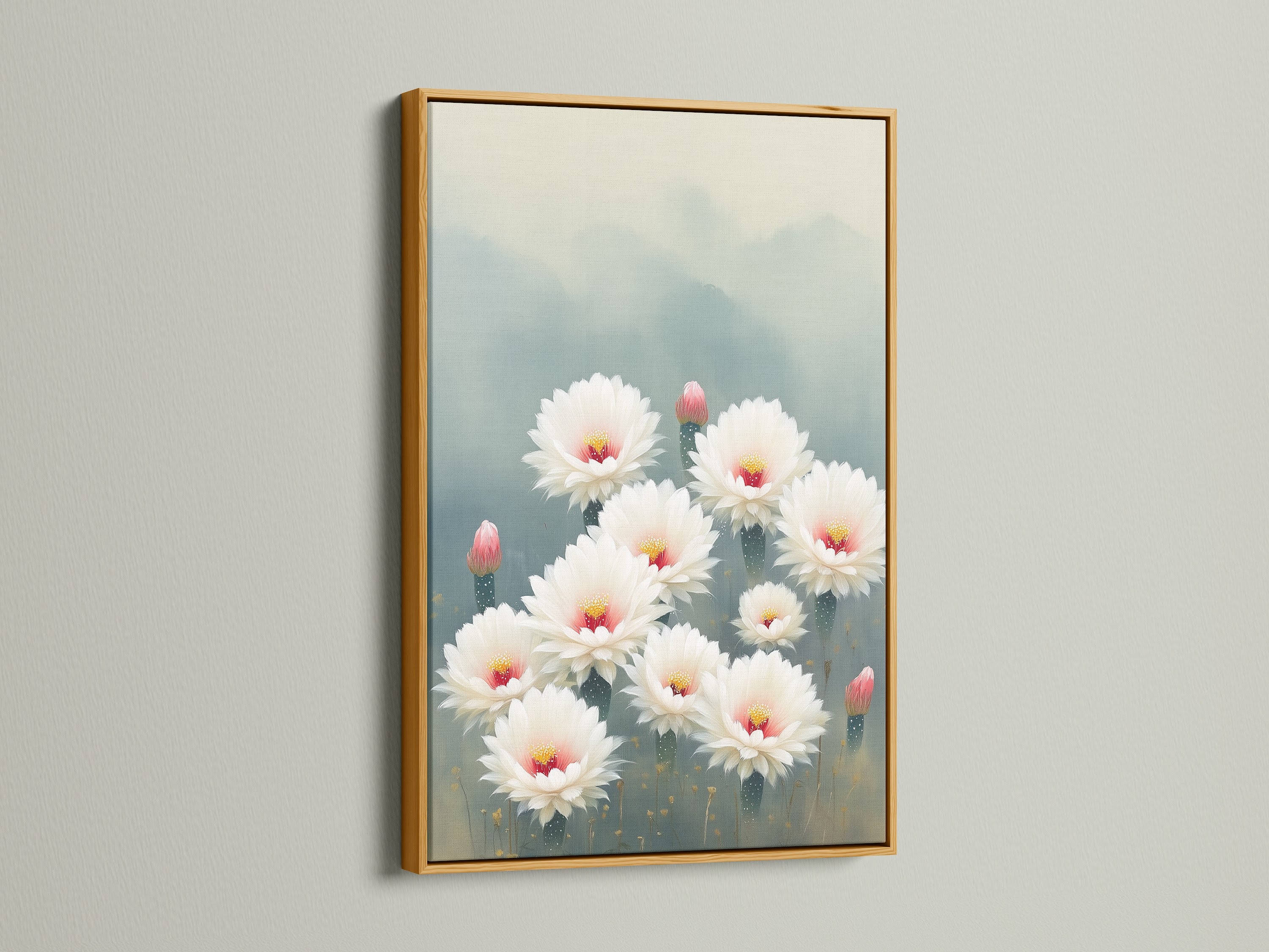 Gold frame displaying Cactus Flower botanical wall art. The desert bloom artwork is a stunning addition to any space. This floral canvas enhances living room wall art. The soft color print brings a touch of elegance. This flower artwork stands out.