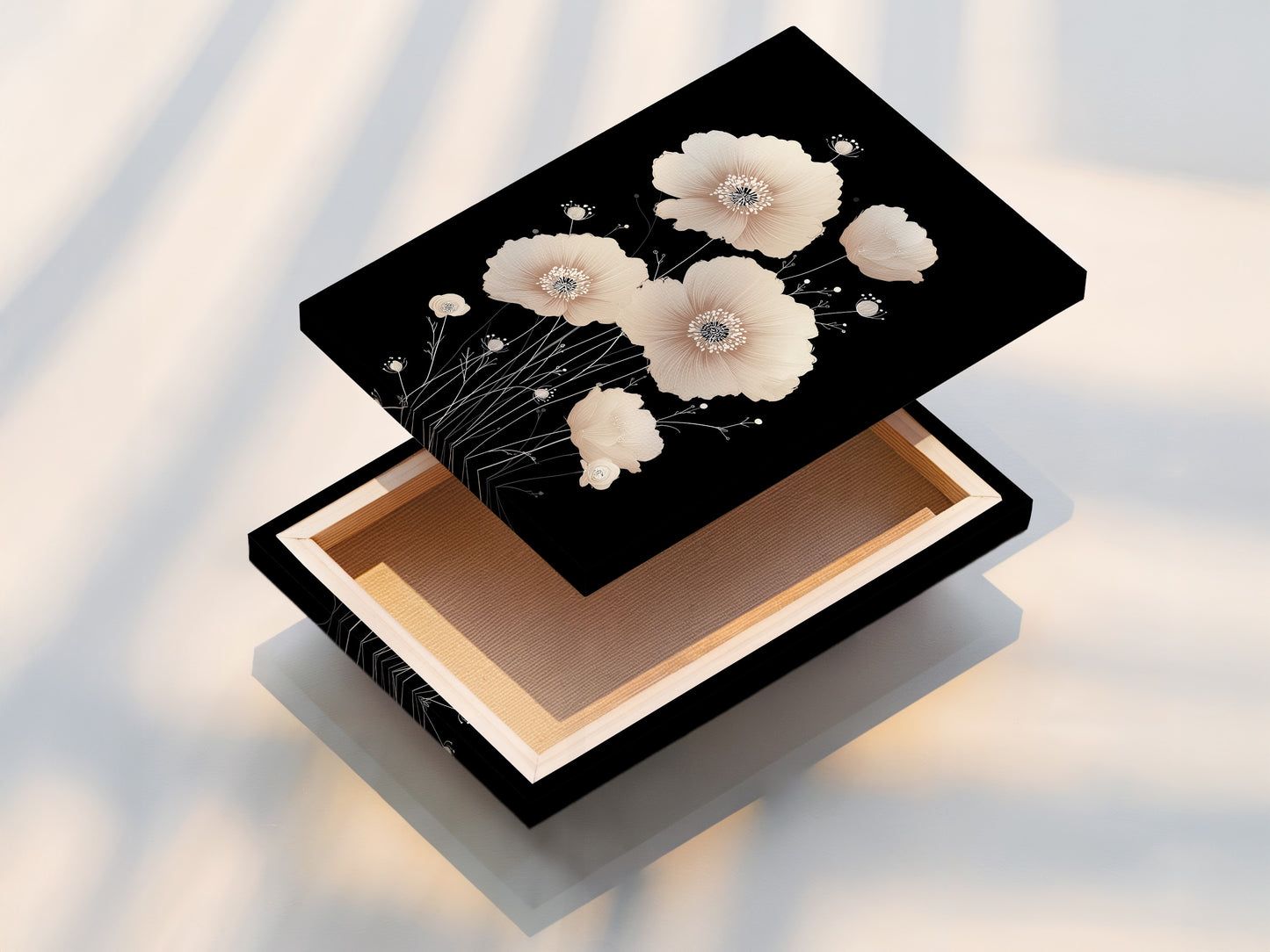 Stretched canvas print featuring Beige Poppy Flower Artwork. Highlighting the texture and depth of the canvas. This minimalist botanical print adds a touch of elegance to any room. The neutral tones make it ideal for bedroom wall decor living room art and a peaceful home office.