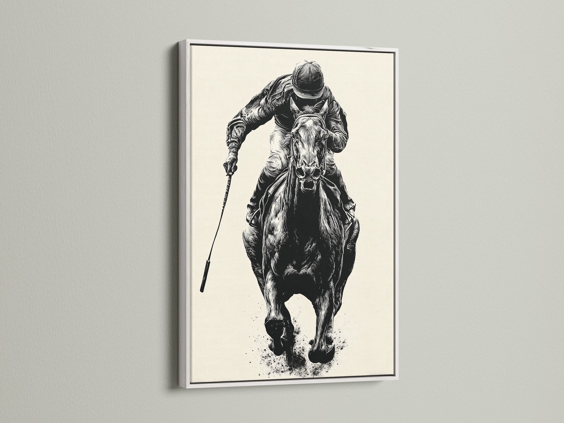 Artwork of a horse race in a white frame. The white frame offers a clean and modern look. Explore our art collection for unique wall decor. Elevate your interior with our stylish framed artwork.