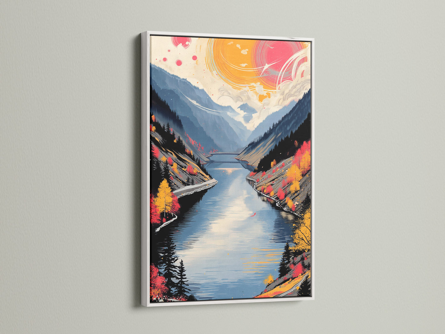 Modern mountain lake art in a white frame. The artwork captures an autumn landscape with blended teal and coral tones. This nature canvas print is a great choice for creating a serene atmosphere in any room or office space.