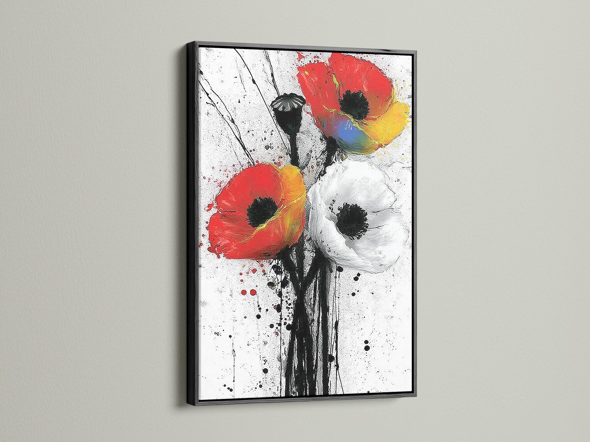 Abstract Poppy Canvas Art in a black frame. This modern floral artwork features red and white flowers. It's a stylish choice for any home decor. It enhances bedroom wall decor or office wall art. This contemporary piece adds a touch of sophistication to your living space.