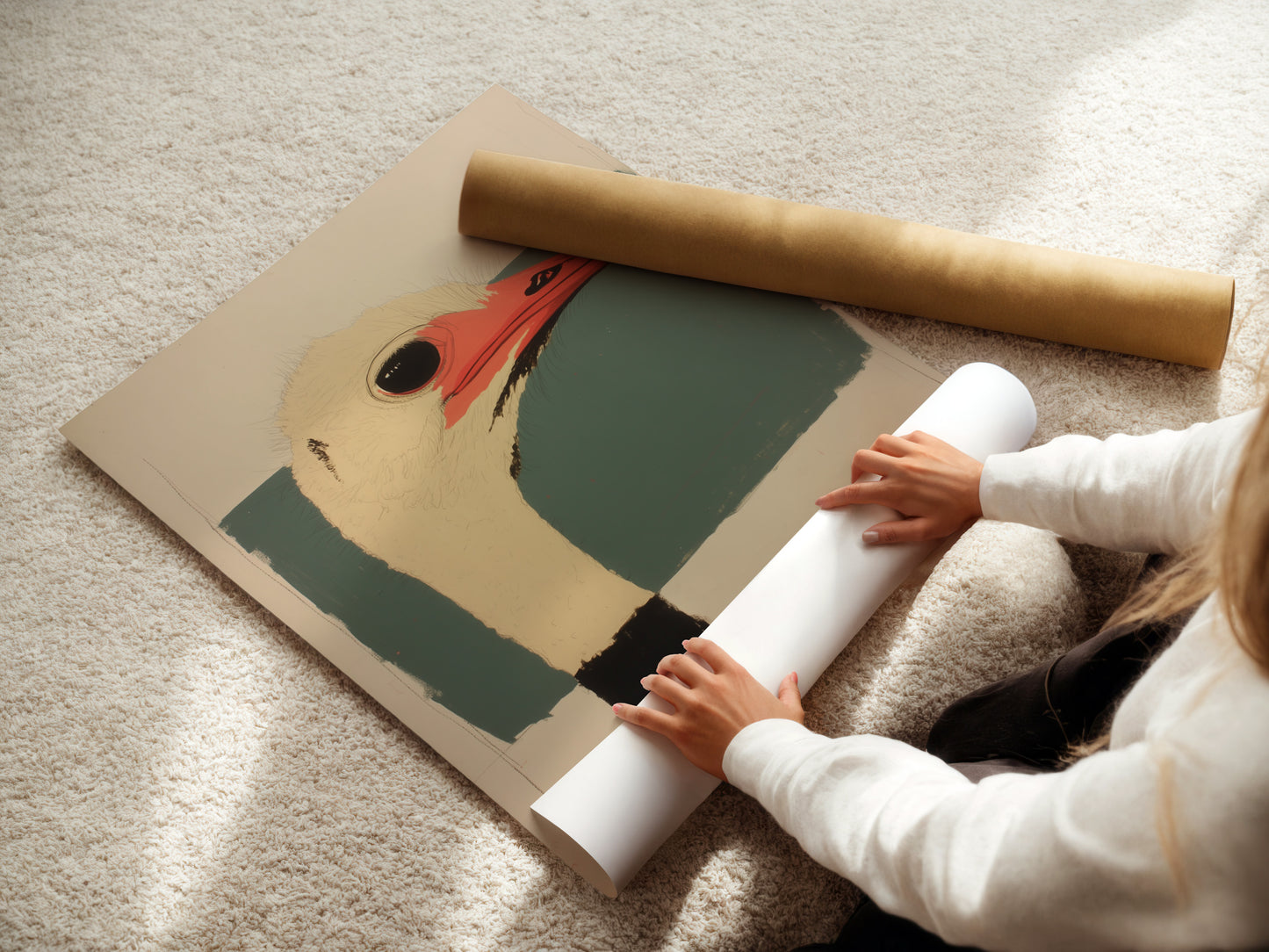 A woman is rolling a fine art poster paper. She is preparing the art for framing. Fine art paper enhances the artwork's quality. The poster paper ensures a professional finish. This process protects the art.