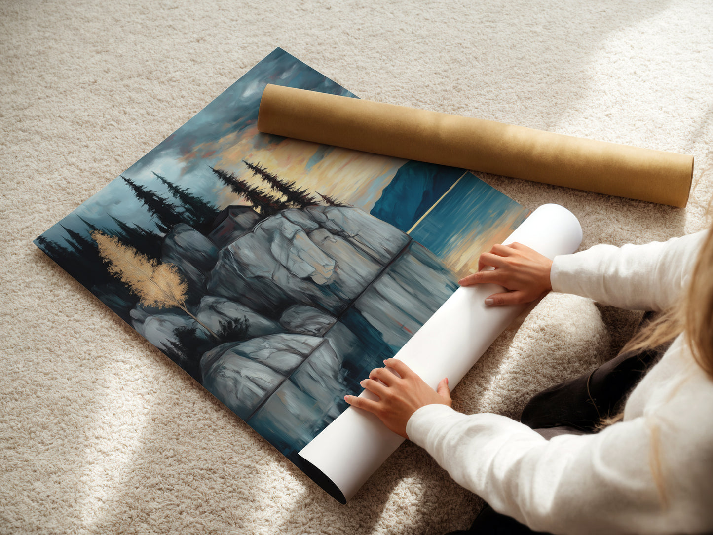 A woman carefully rolling a fine art poster paper featuring the Lakeside Cliff artwork. Ideal for homeowners and renters seeking elevated art. This serene mountain wall art brings a moody landscape. The blue and gray tones create a tranquil scene. A perfect addition to minimalist or rustic styles.