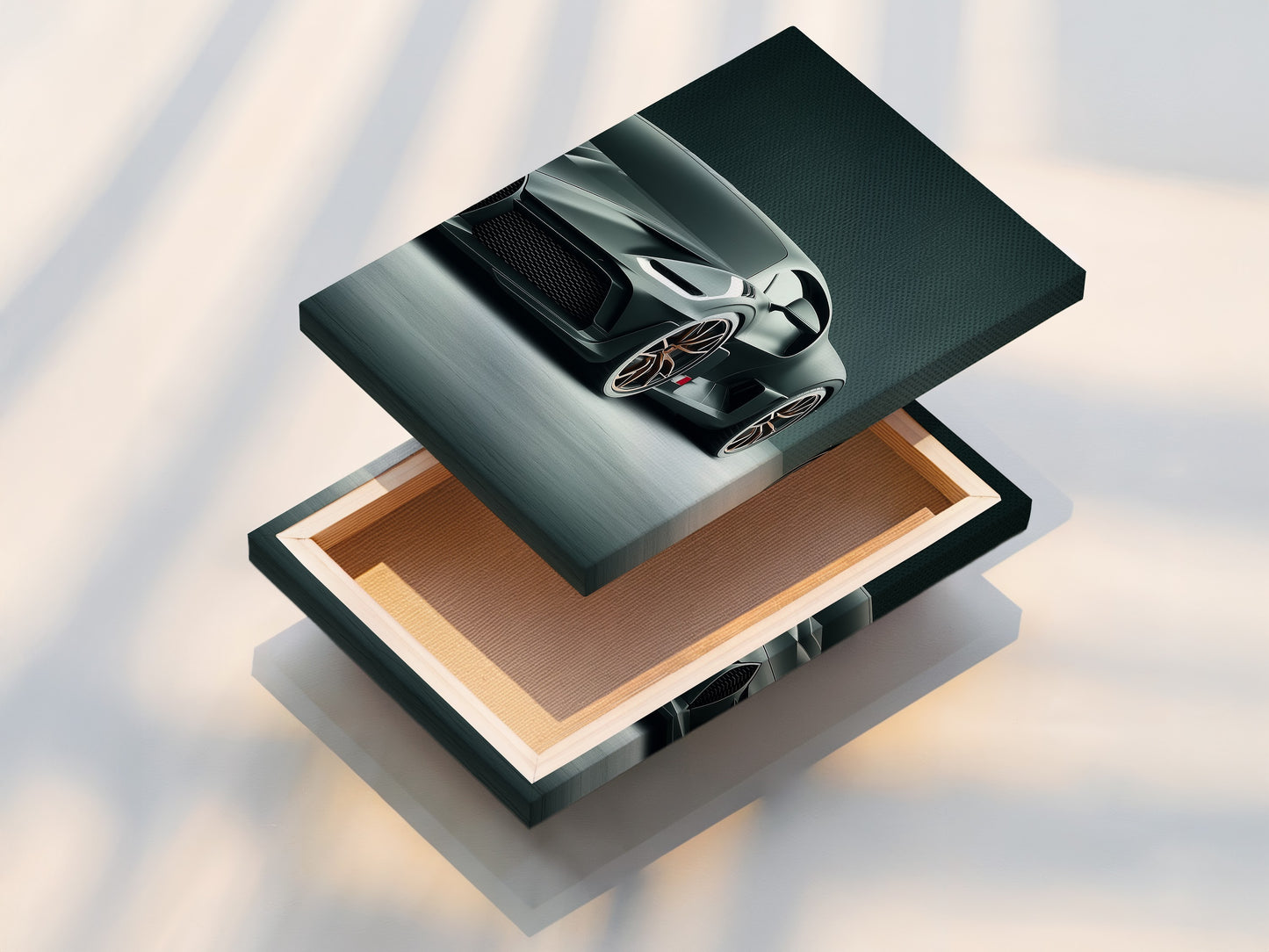 A stretched canvas print of a luxury sports car. The canvas print brings modern automotive wall art to life. Perfect for garage art man cave wall art and office art. Enhance your space with this supercar poster.