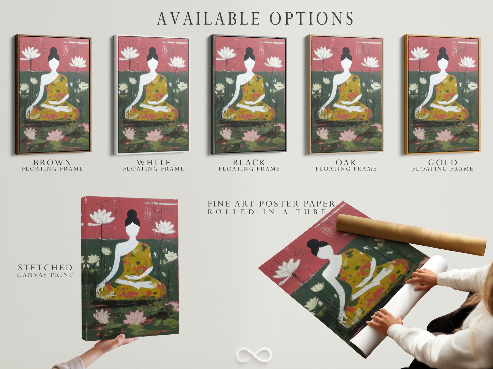 Available options include stretched canvas prints fine art poster paper and floating frames. The meditation art features a Buddha figure and lotus flowers. Customize your artwork to match your style. Perfect for yoga studios wellness centers and minimalist homes.