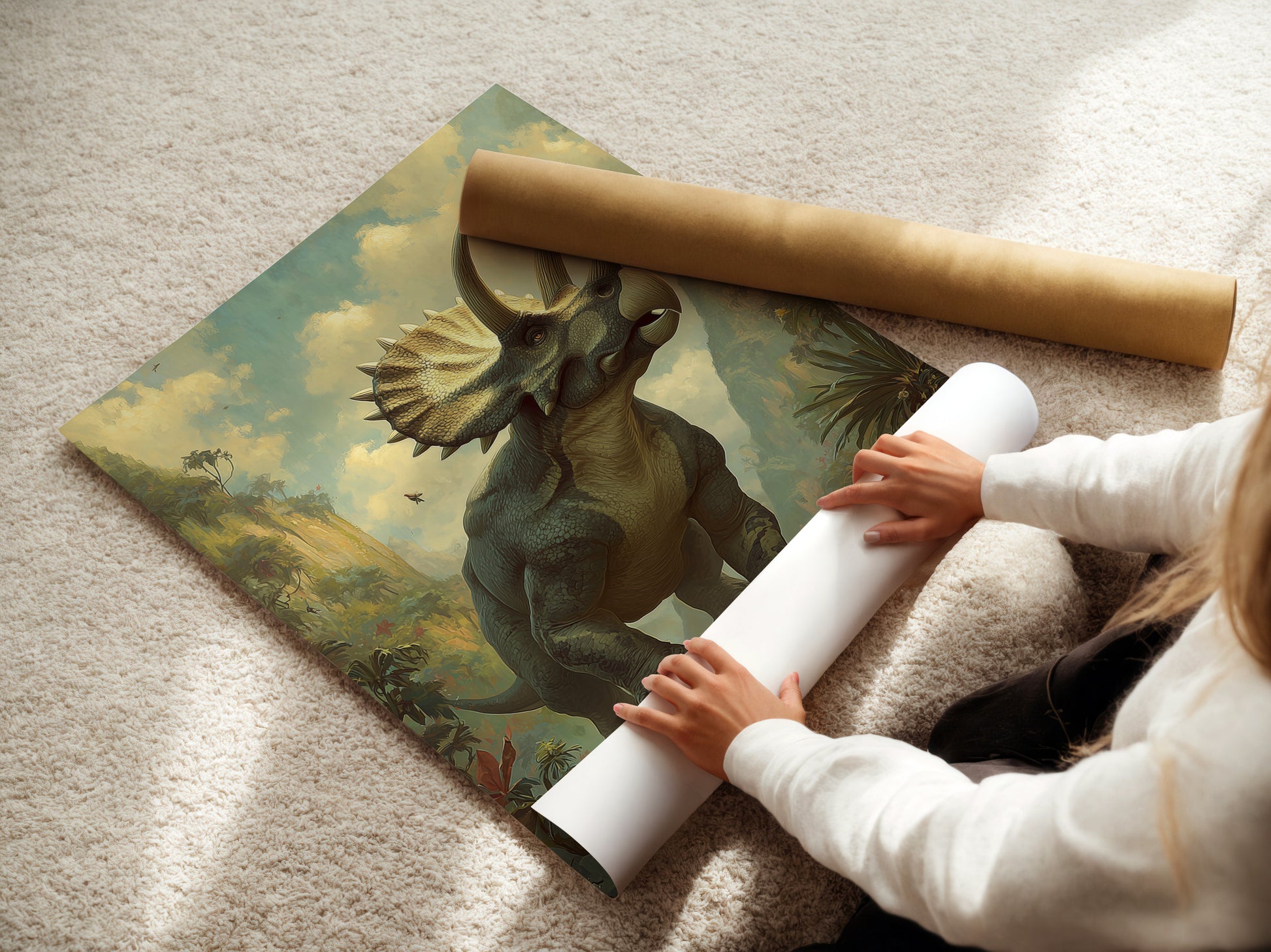 A woman is carefully rolling a fine art poster paper. The paper is of high quality. The art poster paper ensures vibrant colors and sharp details. We take pride in our fine art printing process. Experience the beauty of our art prints.