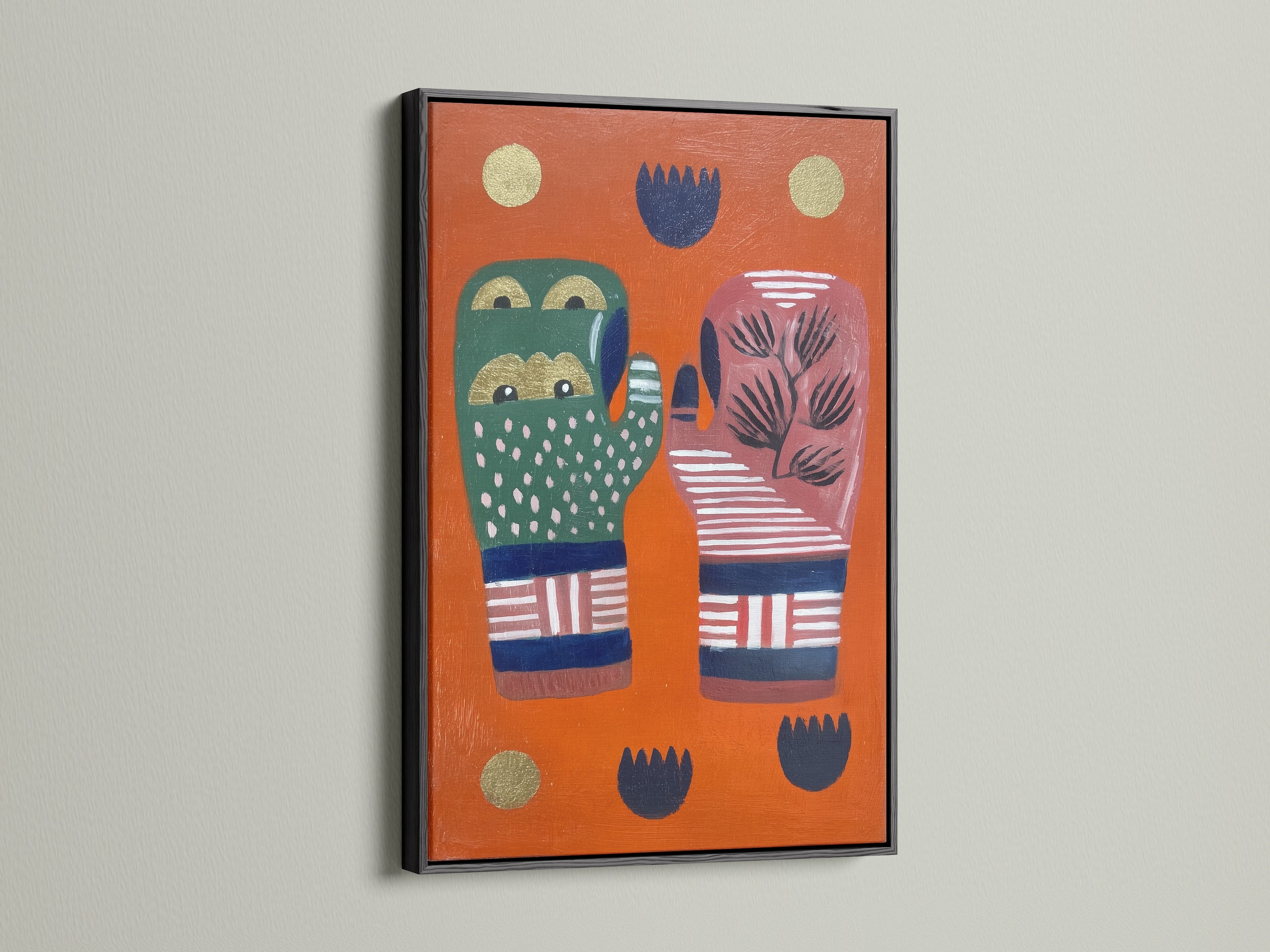 The abstract hands artwork is displayed in a sleek black frame. The colorful graphic artwork features bold art elements. The black frame provides a modern and sophisticated contrast. This unique art print suits coffee shops boutiques and waiting rooms. The artwork enhances modern and bohemian decor.