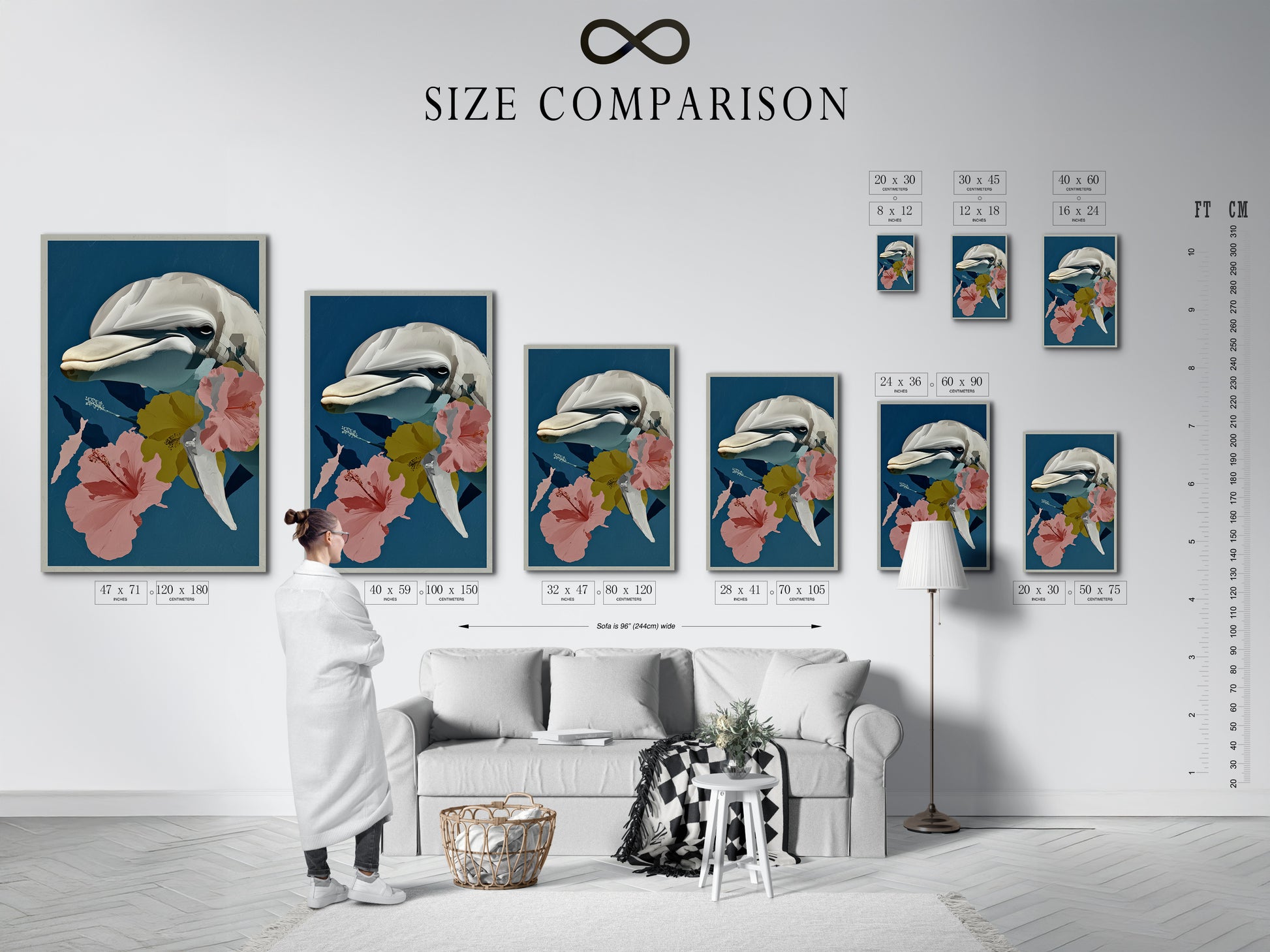 A size comparison chart in an interior setting. See the different sizes available for this whale botanical art print. The tropical hibiscus canvas print is perfect for coastal bedroom decor. The room looks great.