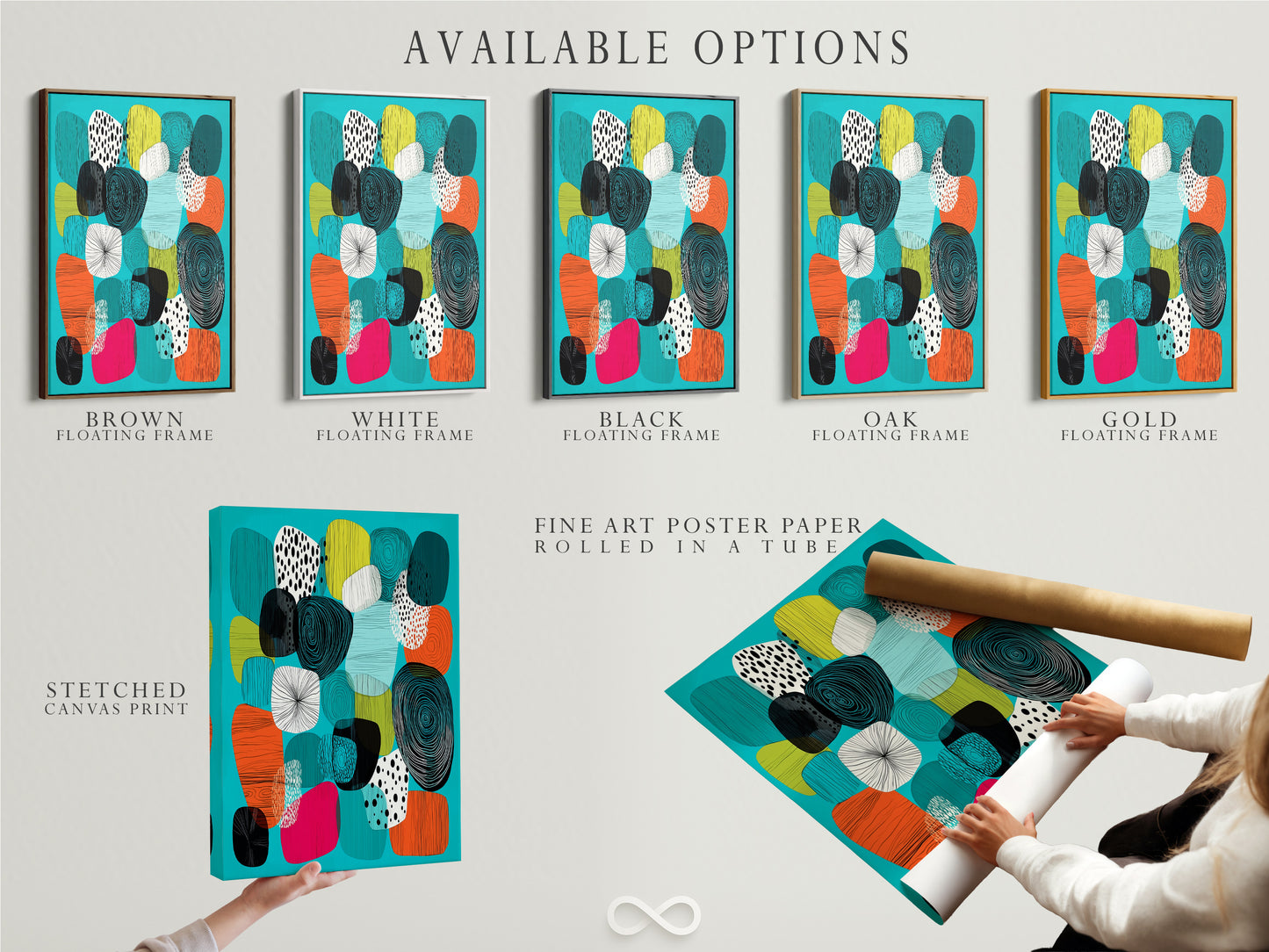 Explore available options for this mid-century modern artwork. Choose from a stretched canvas print fine art poster paper or a floating frame. This abstract canvas features teal orange and geometric shapes. Find the perfect fit for your style.