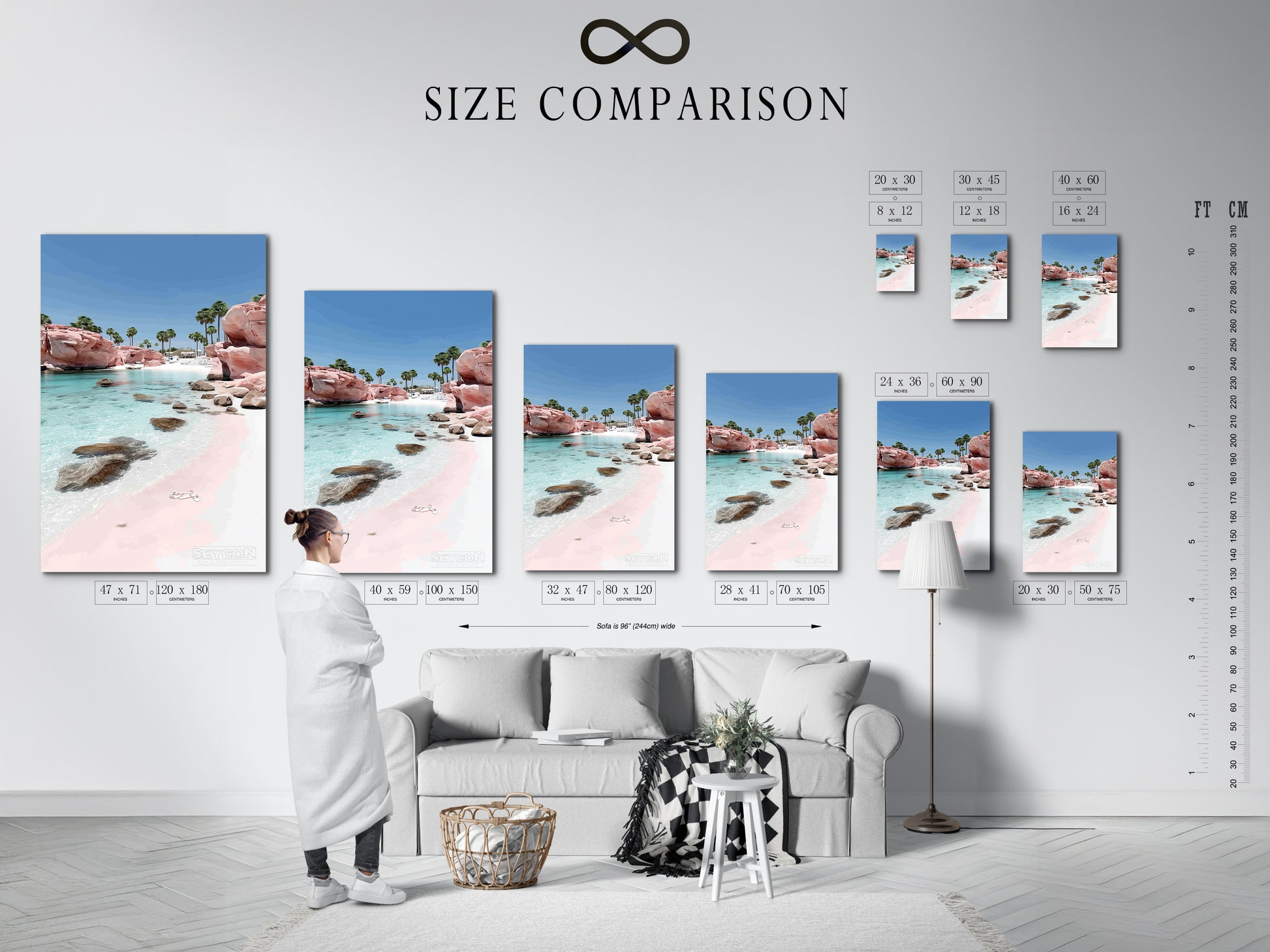 A size comparison chart showcases the Pink Sand Beach artwork in an interior setting. Visualize how this coastal print fits into your living space. Perfect wall art for bedrooms living rooms and beach houses.