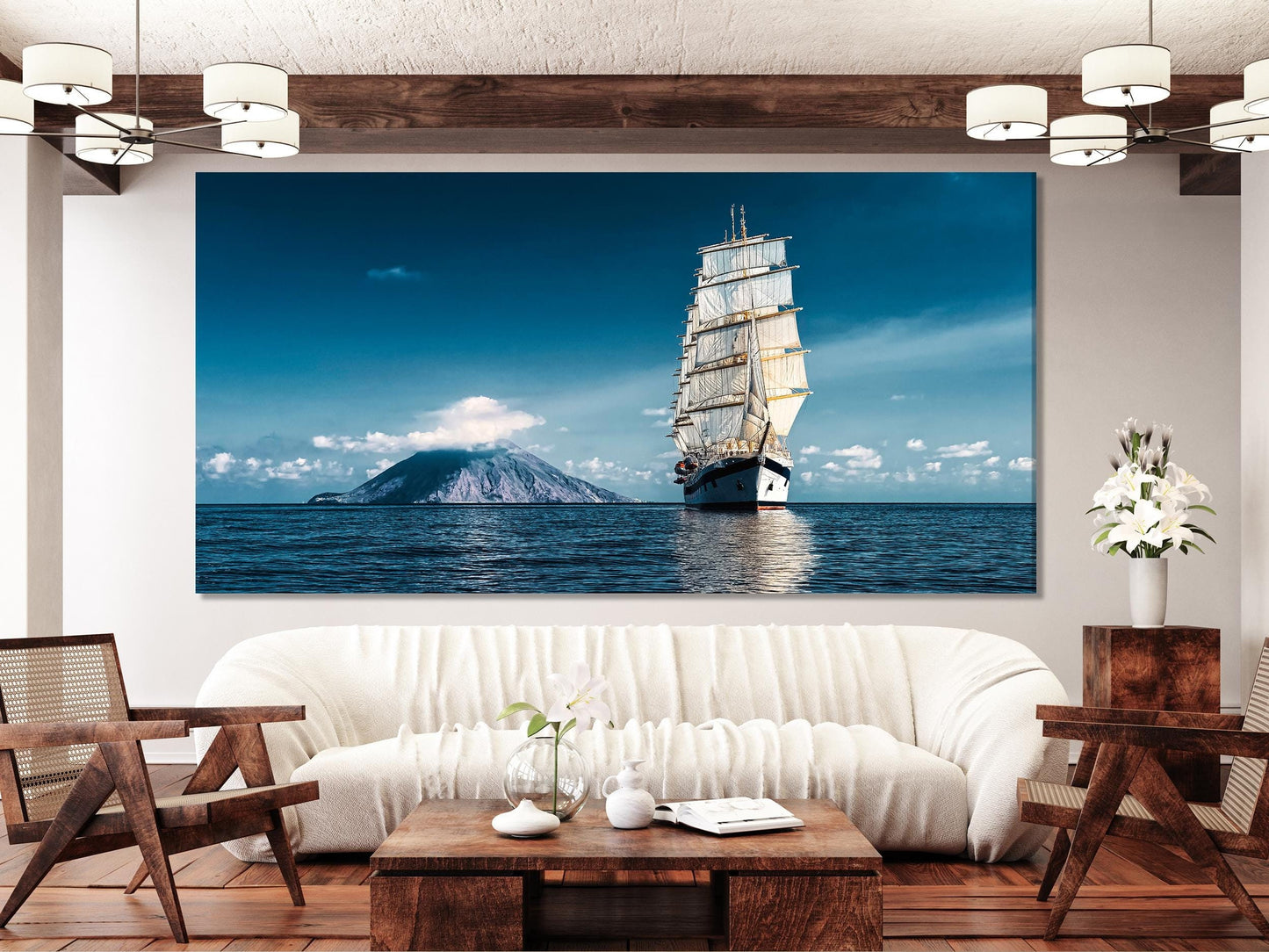 Majestic maritime wall art featuring a tall sailing ship and a distant volcanic island, crafted as a dramatic canvas print painting for nautical-inspired artwork.