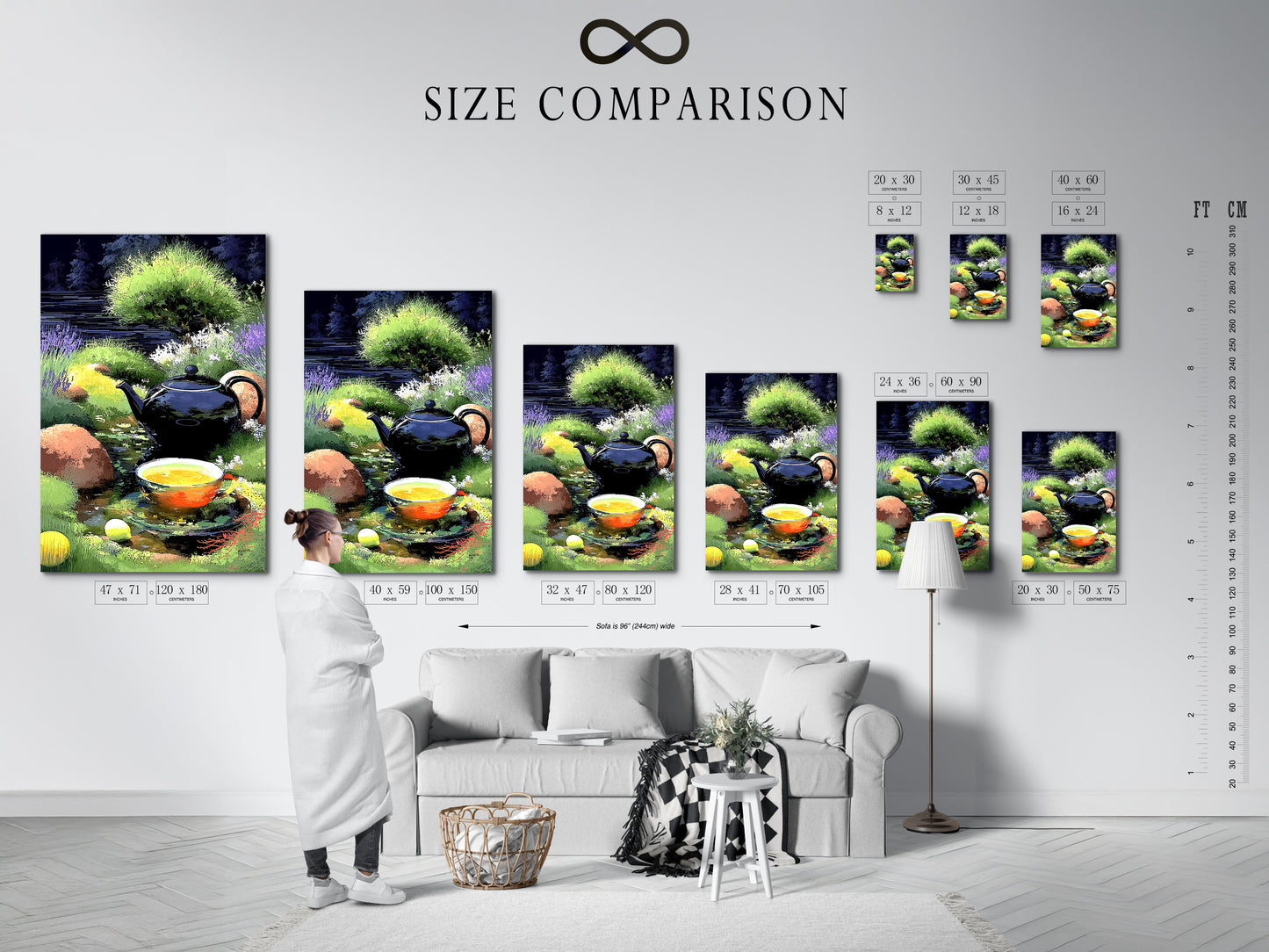 Explore the size comparison chart for the Tea Time Canvas Print in an interior setting. This botanical art fits perfectly in various spaces from living rooms to kitchens. Discover how this still life artwork enhances your home decor. See the calming garden scene and tea cup artwork in different sizes.