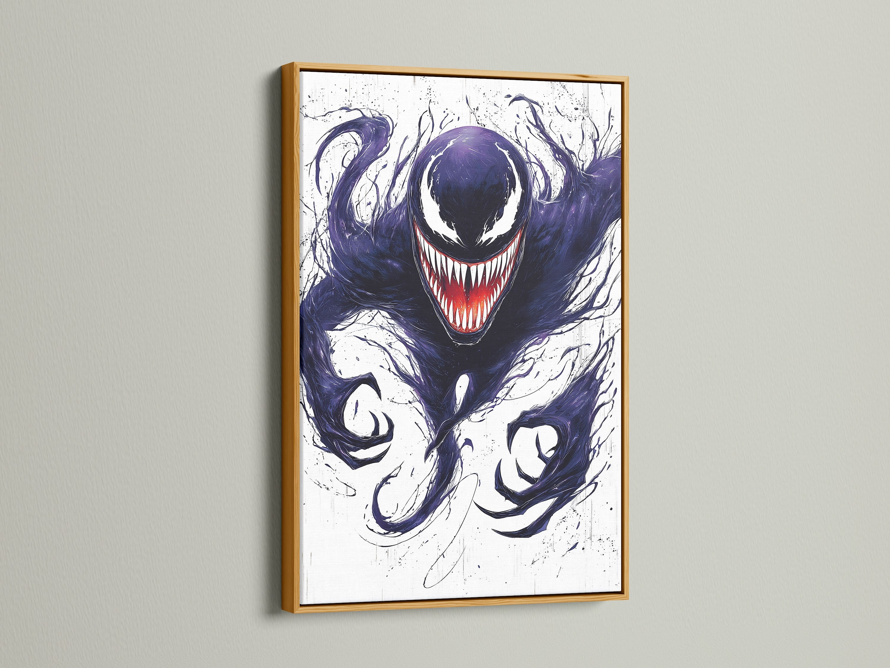 A gold frame highlights this symbiote inspired art. This monster canvas print adds a pop culture touch. This dark creature art is great for geek wall decor. Perfect for horror aficionados and villain artwork collectors.