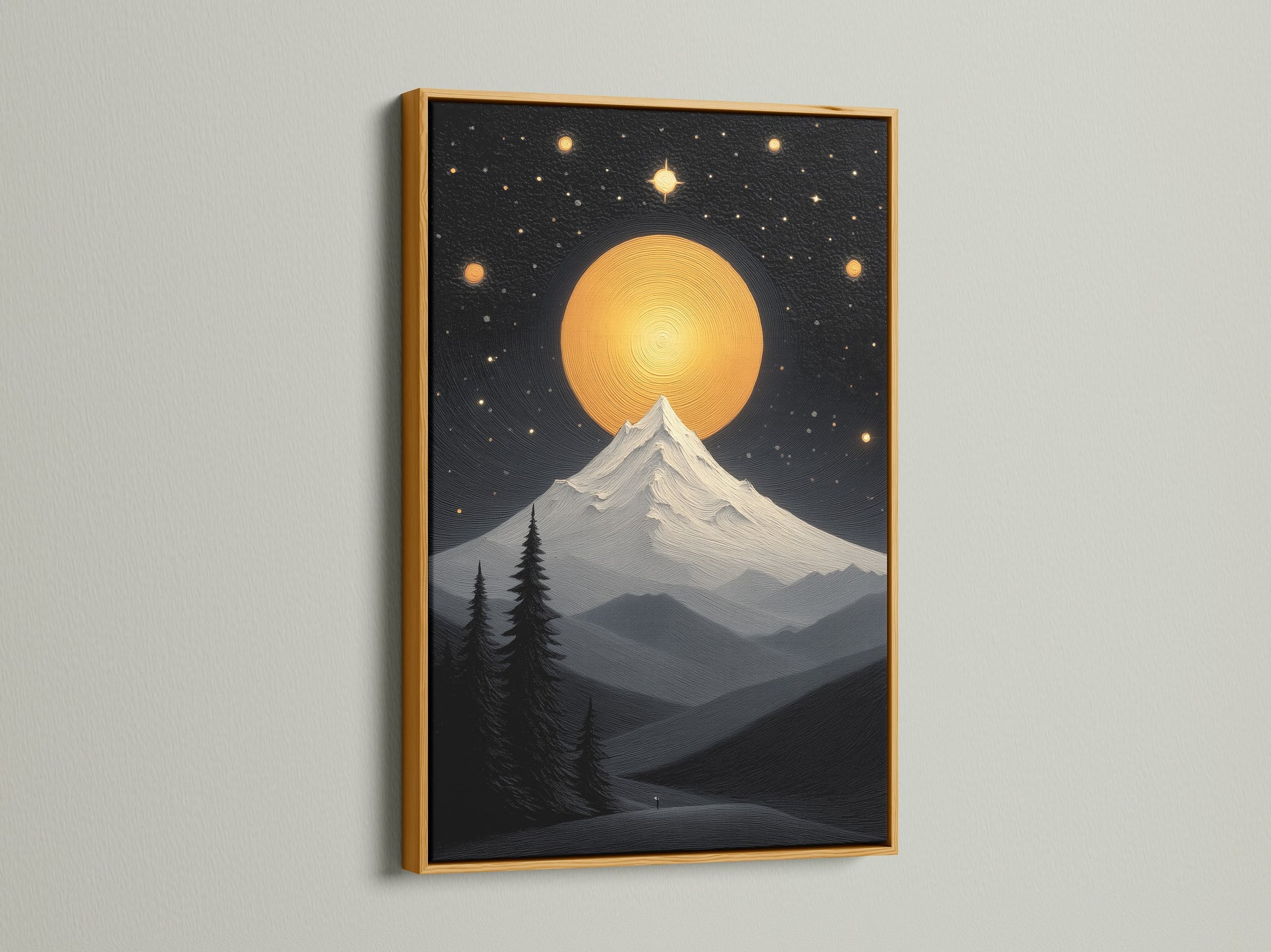 Modern mountain moon canvas print in a gold frame. This celestial wall art brings a touch of luxury to any room. The gold frame enhances the cosmic landscape poster. Perfect for adding a modern touch to your bedroom wall decor or home office.