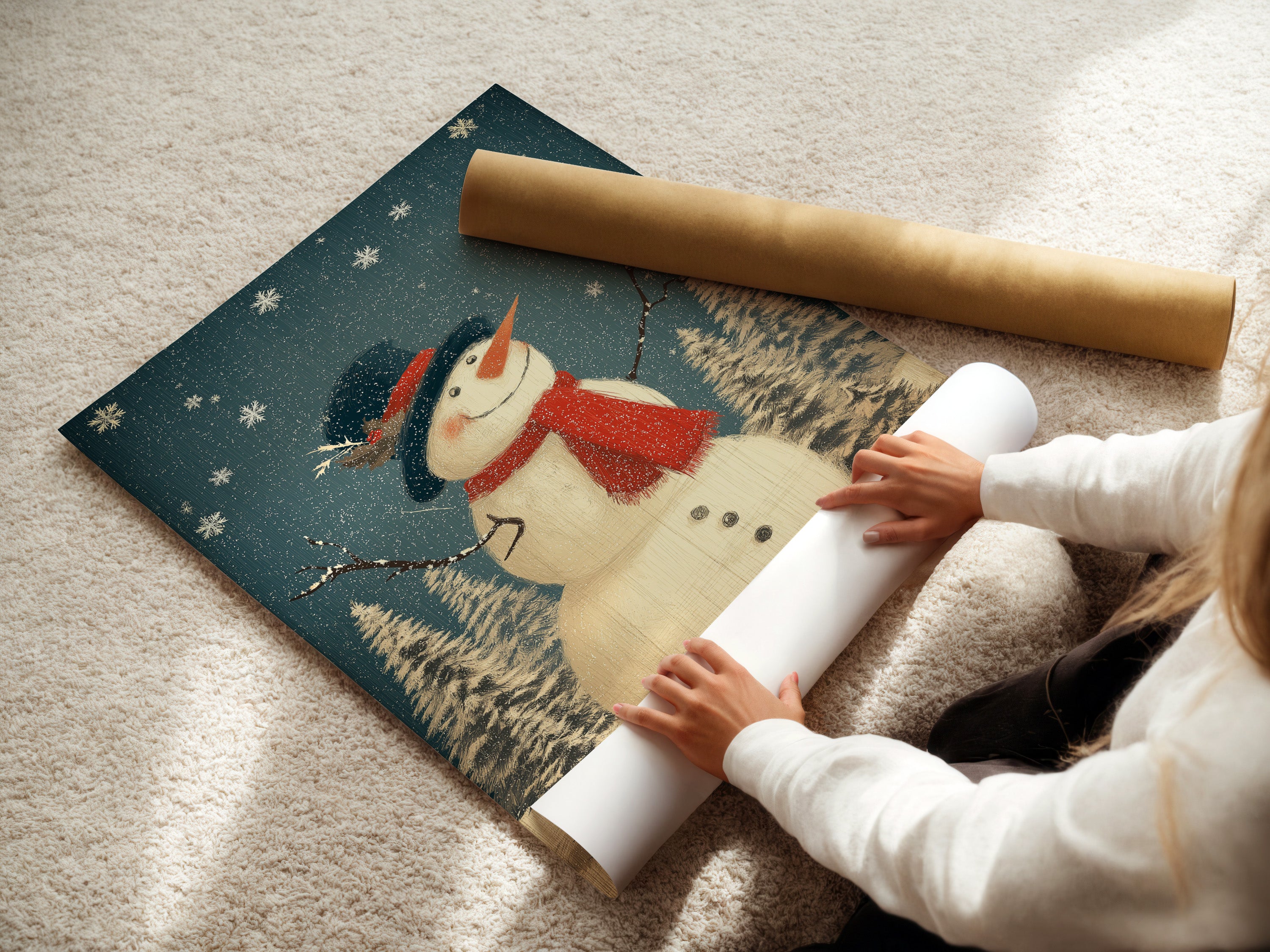 A woman carefully rolls a fine art poster paper. This snowman artwork is ready for framing. It's a wonderful option for holiday wall art. This vintage Christmas print is easy to handle.