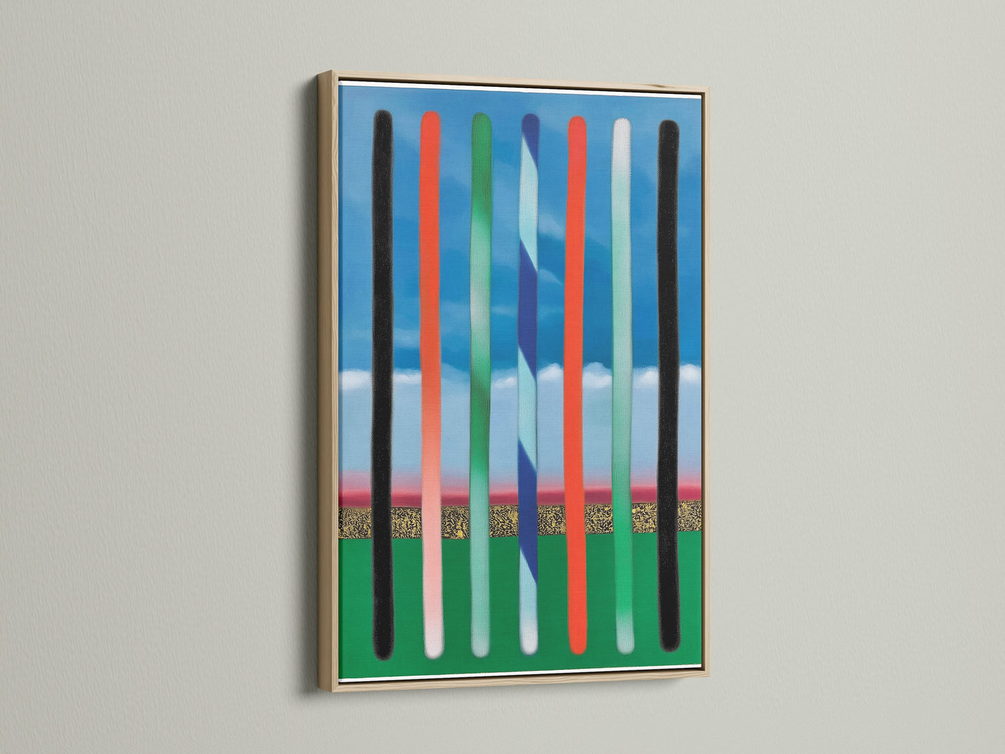 Artwork in an oak frame is displayed. The oak frame provides a natural and warm aesthetic. It enhances the artwork's visual appeal. Perfect for adding a touch of rustic elegance to any room. Discover how an oak frame can transform your art.