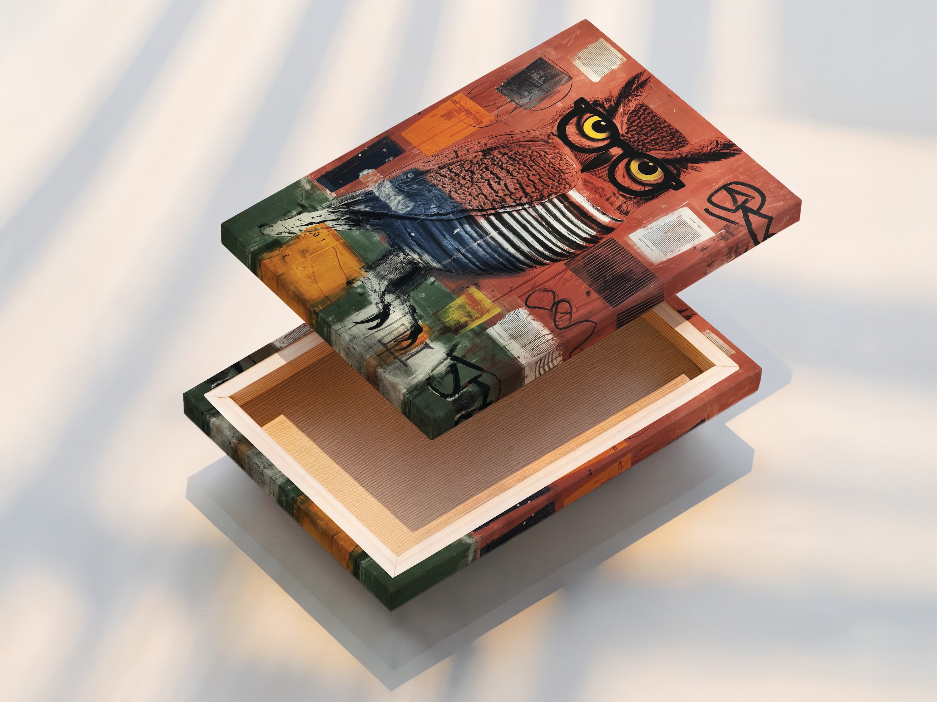 This is a stretched canvas print of the contemporary owl artwork. The modern bird canvas print is ready to hang. Add an eclectic touch to your living room wall art or office wall decor with this unique piece.