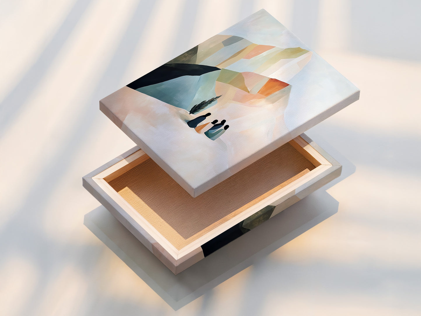 Close up of a stretched canvas print featuring beige and blue abstract mountain artwork. This contemporary wall art complements minimalist and modern aesthetics. Ideal for living room or bedroom decor.