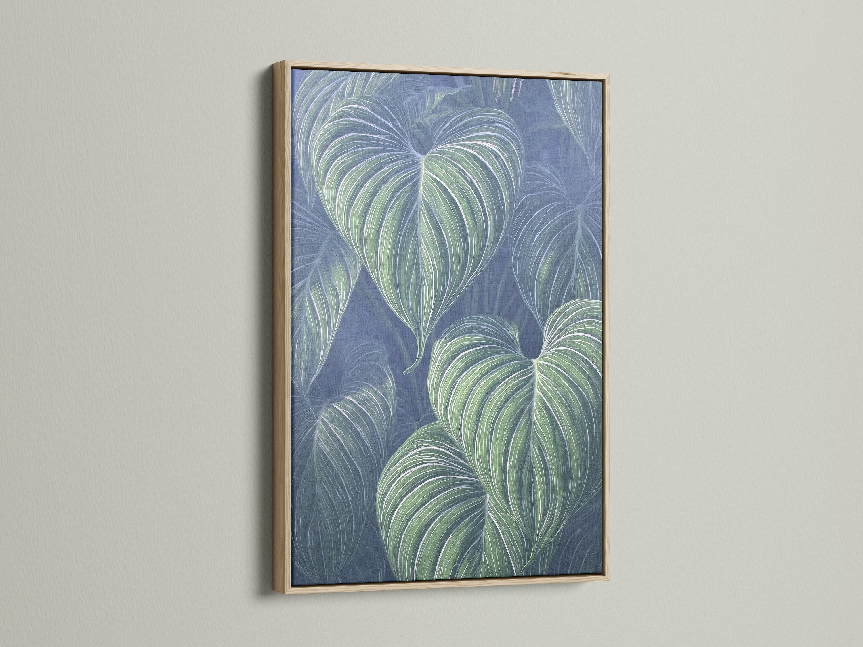 This is a tropical leaf art piece in an oak frame. The blue green botanical wall art adds a modern touch. It's great plant art for any room. The oak frame enhances this nature canvas art.