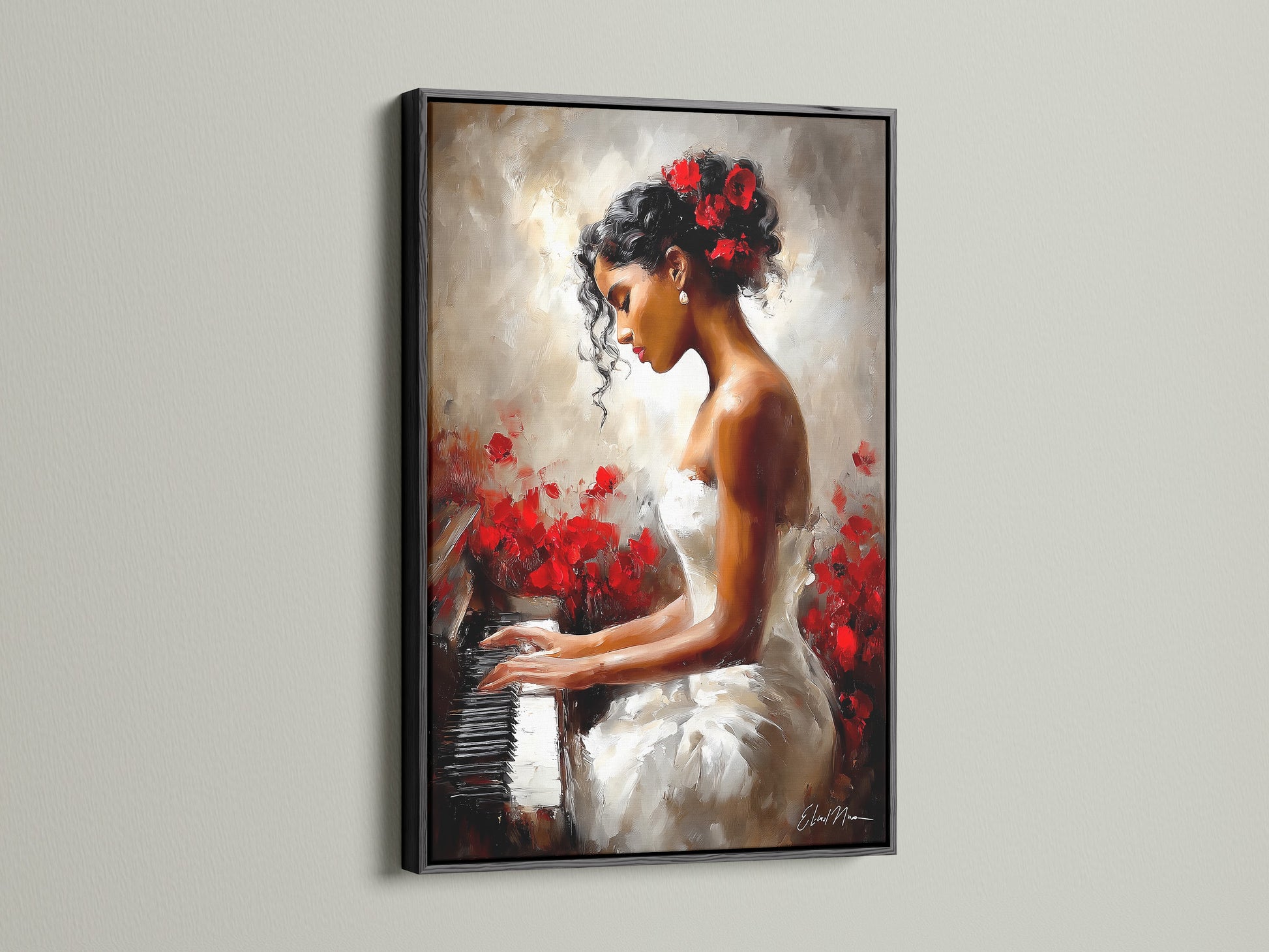 Here is an artwork framed in black. It features a woman playing a piano. The contrast of the black frame makes the colors pop. The artwork adds a touch of elegance to any space. It is an eye-catching piece.