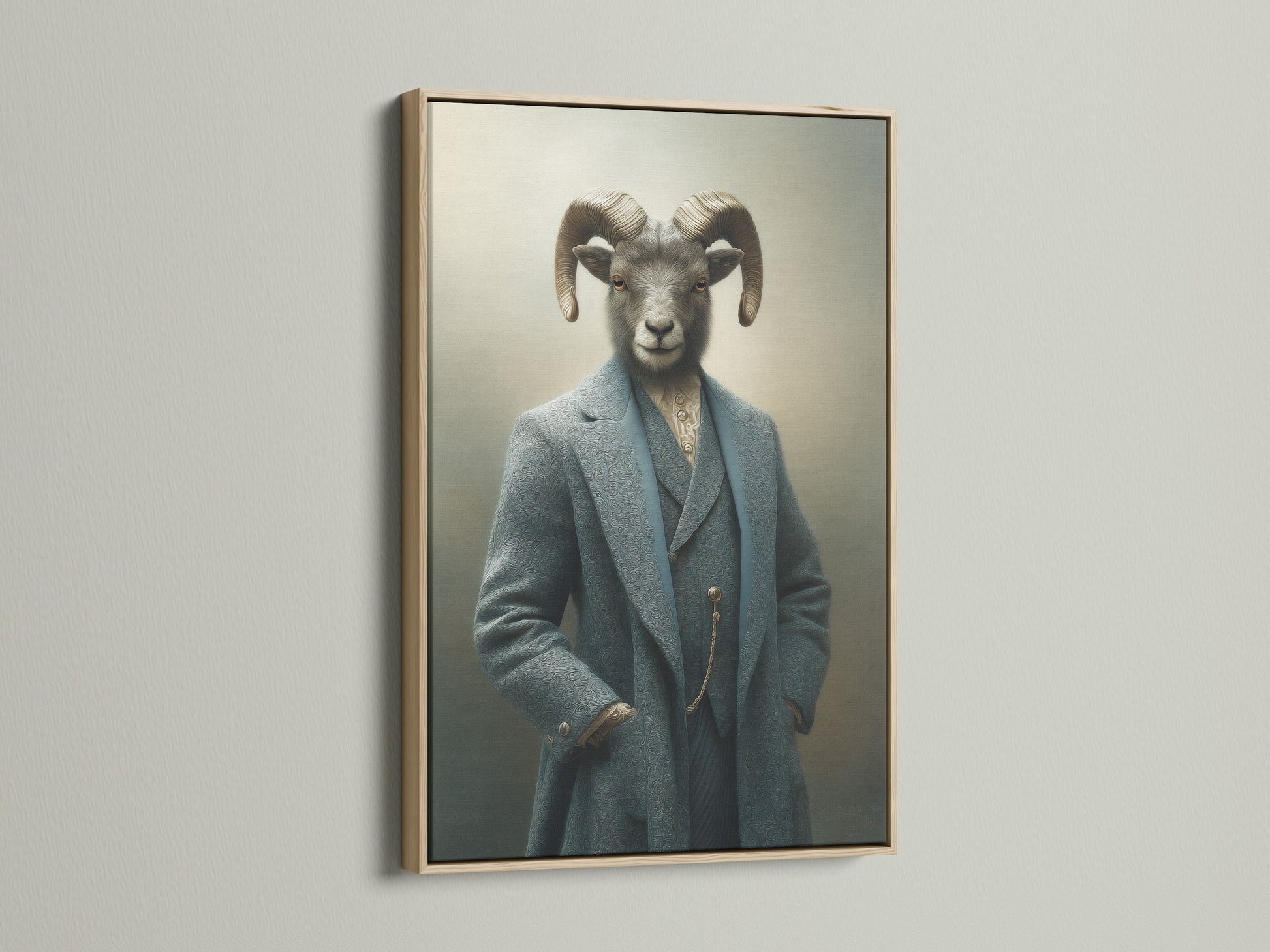 Ram Portrait canvas print in an oak frame. This gentleman animal art brings a vintage touch to your walls. Ideal for study rooms offices or creative studios. This anthropomorphic artwork adds character and charm to any space.