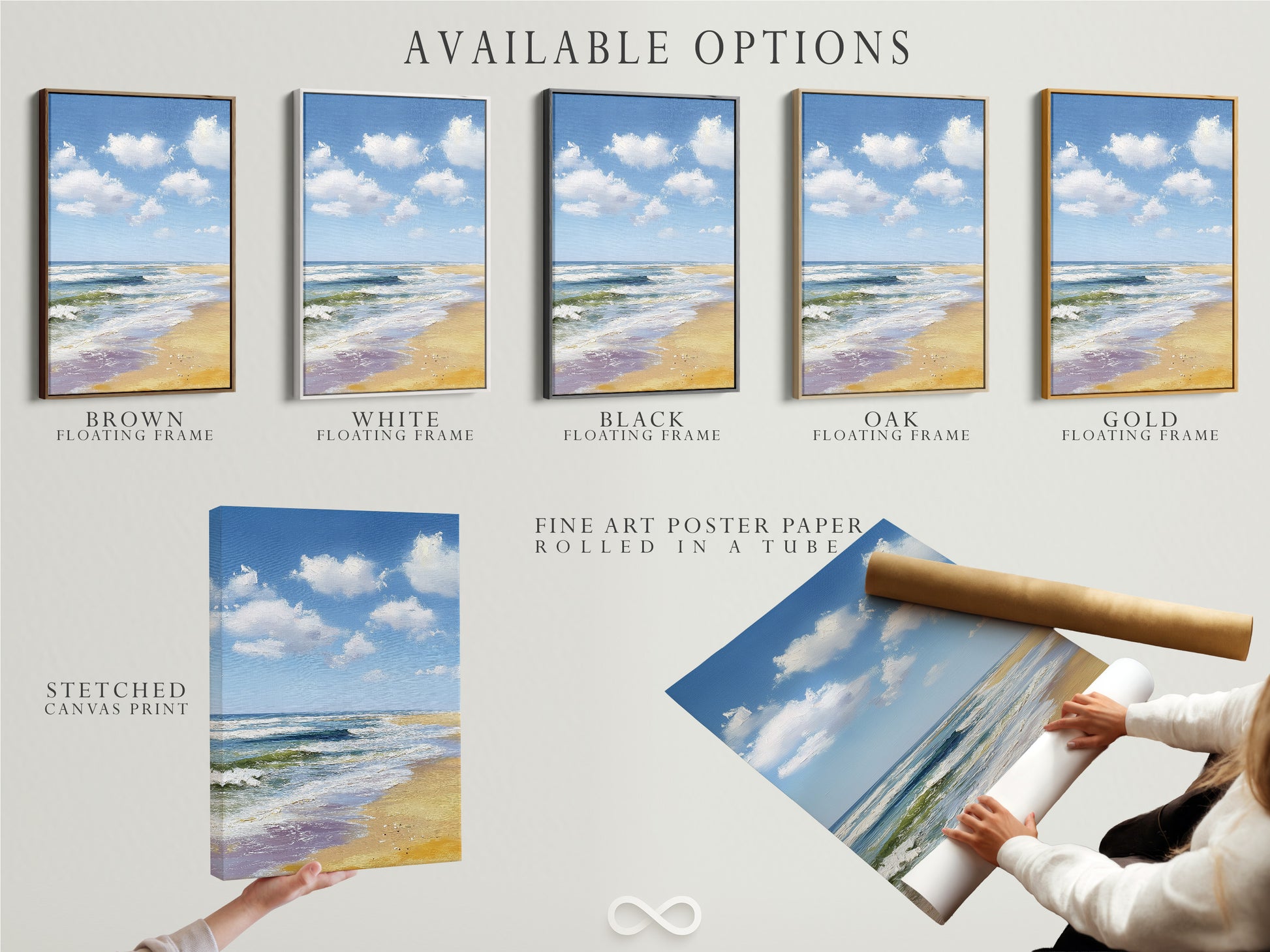 Available options are showcased. Options include a stretched canvas print. Also a fine art poster paper and a floating frame. This variety allows for personalized artwork. It matches your style and preferences.
