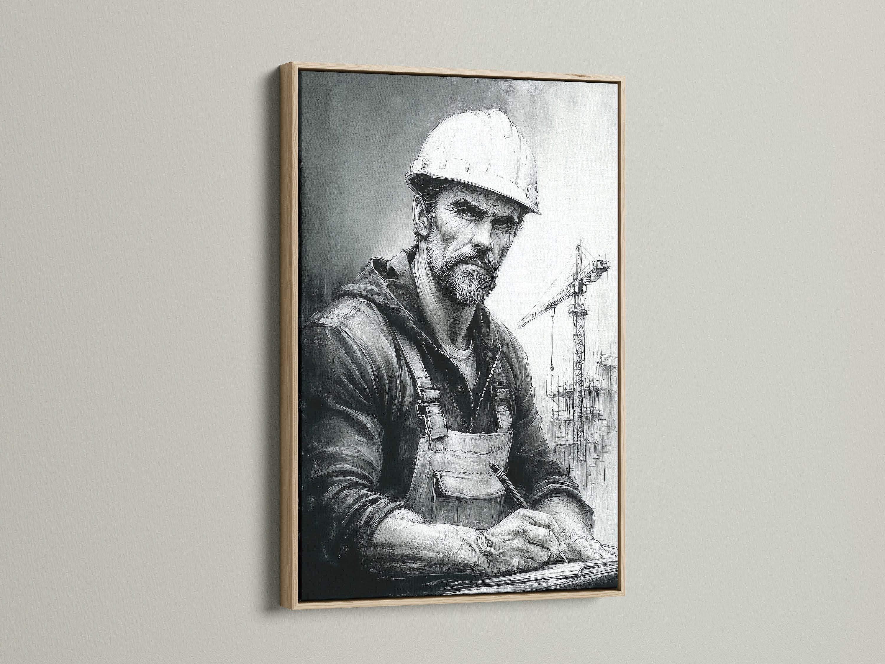 A detailed industrial portrait of a construction worker is showcased in an oak frame. The art print brings a touch of realism to any room. This worker canvas print is ideal for adding character to your office or home. A perfect gift for construction enthusiasts.
