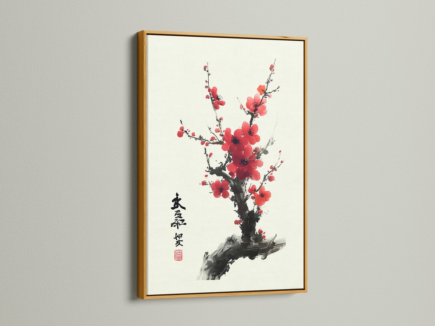 Artwork with a gold frame is presented. The gold frame adds a touch of luxury and elegance. It enhances the artwork's richness and detail. The art is mounted on a white wall. A beautiful cherry blossom artwork is within the frame.