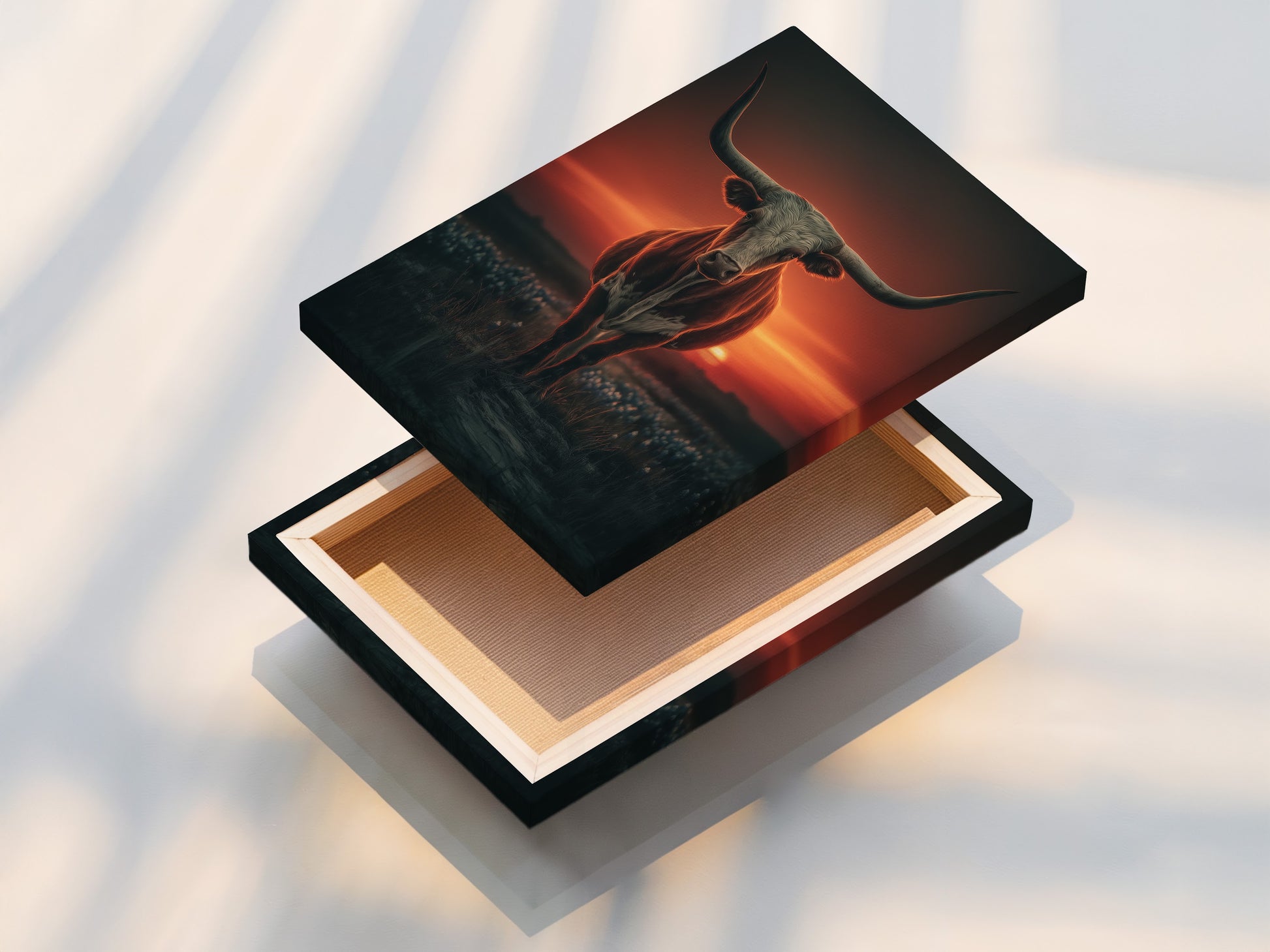 A stretched canvas print featuring a longhorn bull. This western artwork captures a dramatic sunset. The stretched canvas provides a gallery-ready look. Perfect for adding a rustic touch to your home decor. Enhance your space with this bull canvas print.