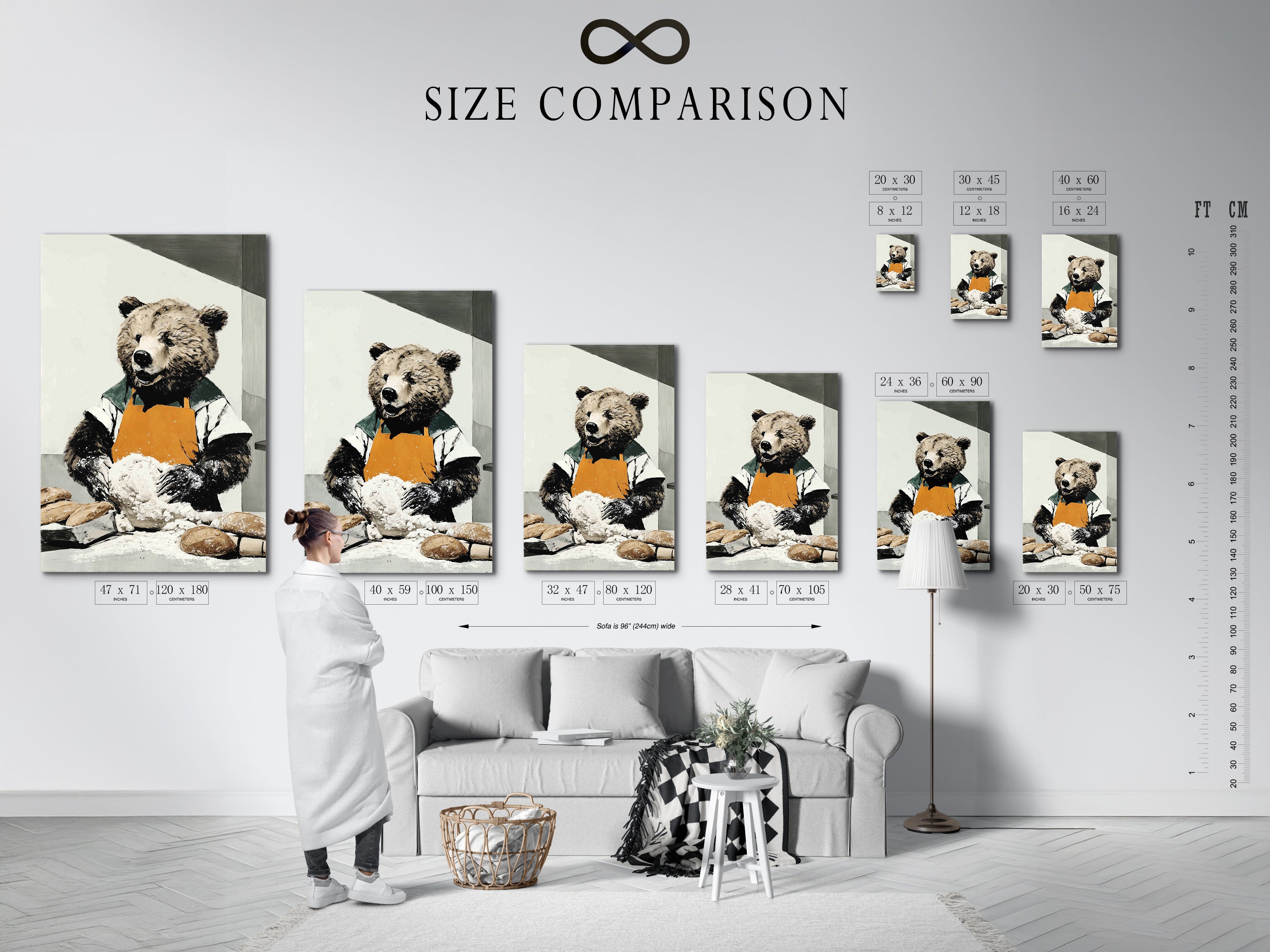 A size comparison chart displayed in a stylish interior. This chart helps you visualize the perfect size for your bear baker artwork. Ensure it fits seamlessly into your kitchen or dining room. Find the ideal animal art print now.
