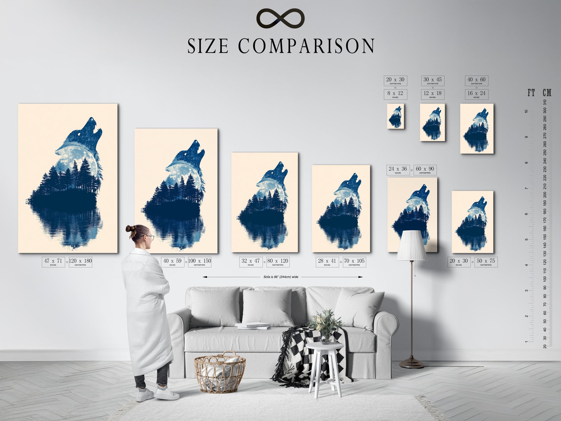 A size comparison chart is displayed in an interior setting. The chart shows different sizes of wolf silhouette artwork. Perfect for homeowners renters and interior designers. Ideal for cabin wall art.