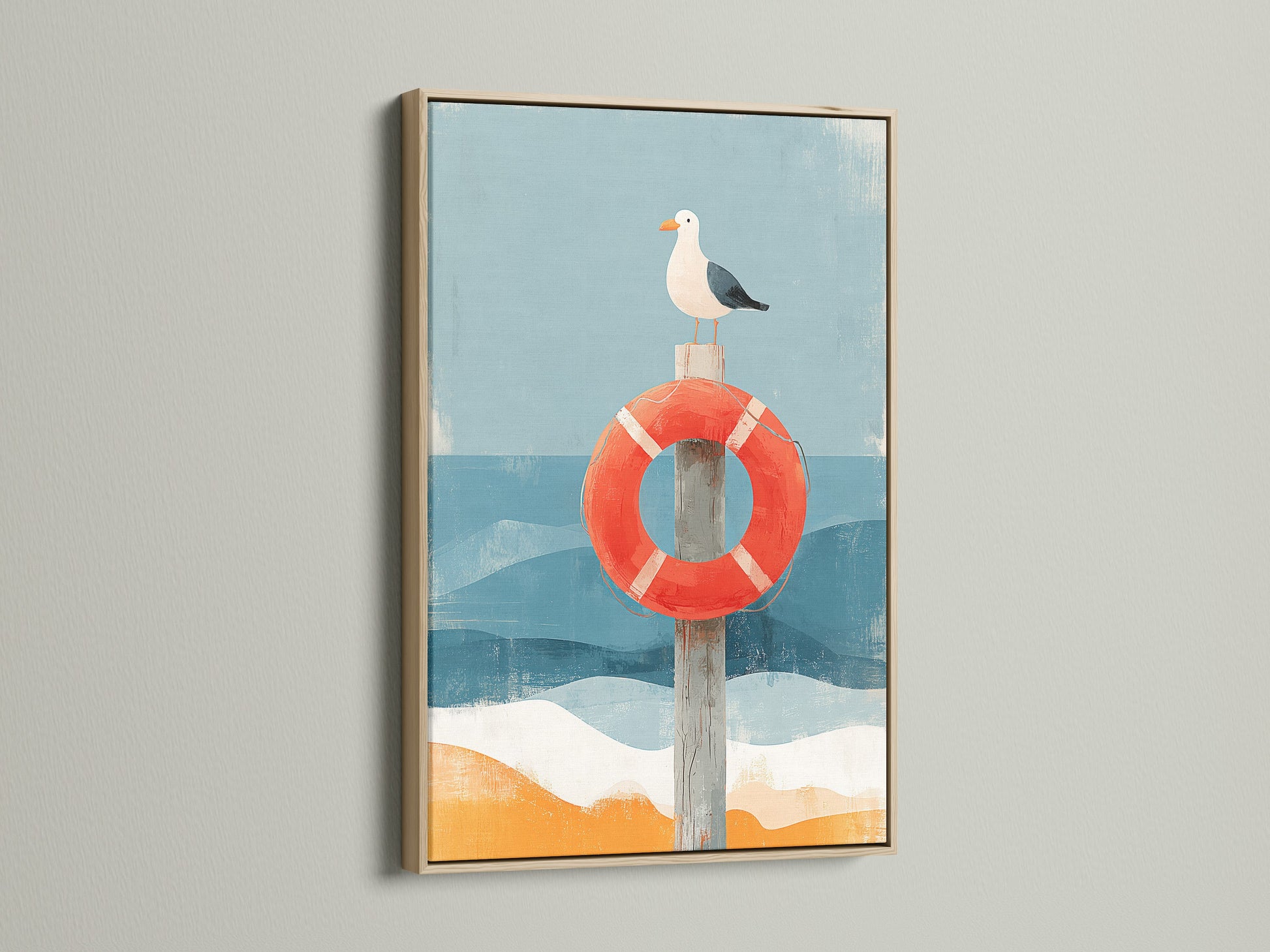 Artwork featuring a seagull perched on a red life preserver. The art is framed in an oak wooden frame. The artwork has a coastal nautical theme. Perfect wall decor for any home or office.