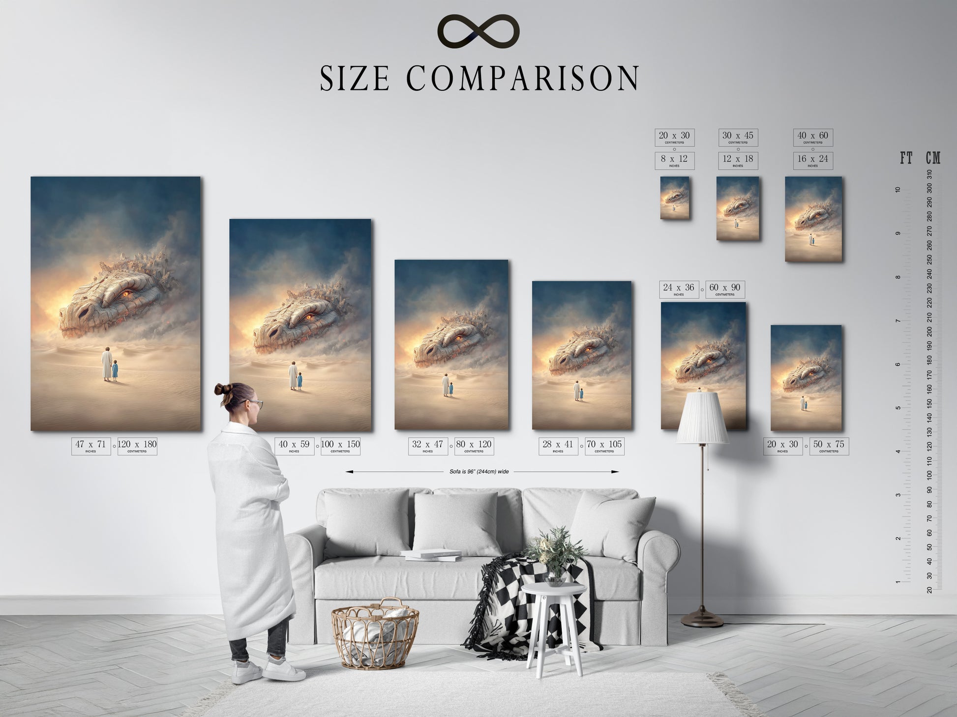 Size comparison chart in an interior setting. See how different sizes of the surreal fantasy art print look in a room. Visualize the perfect fit for your space. Choose from various sizes to suit your decor needs. The chart helps you make an informed decision.