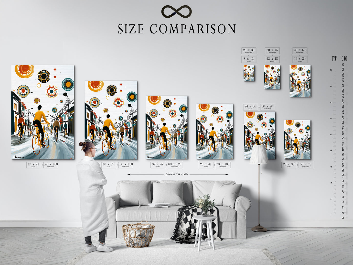 A size comparison chart is displayed in an interior setting. It shows various sizes of the City Cyclists artwork. This helps visualize the perfect fit for your space. Choose the ideal dimensions for your modern wall art.