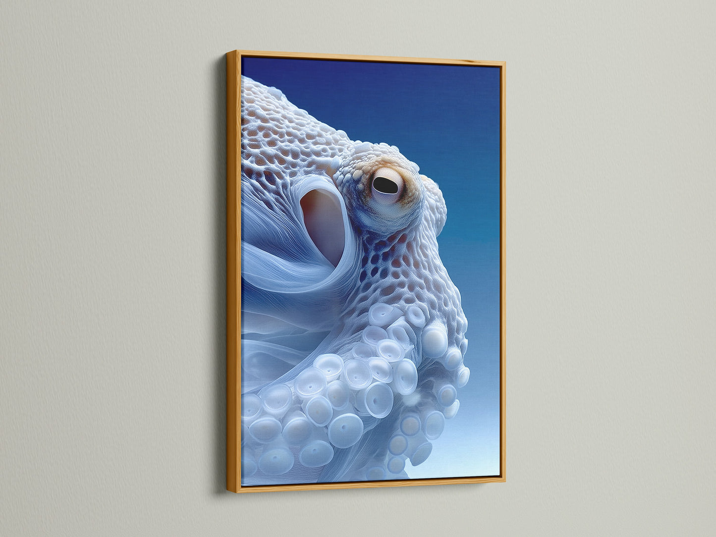 Here is an octopus art print presented in a luxurious gold frame. The metallic finish adds a touch of elegance to the sea creature art. It creates a stunning focal point for any room. Perfect for adding a glamorous coastal touch. Enhance your decor with this unique piece.