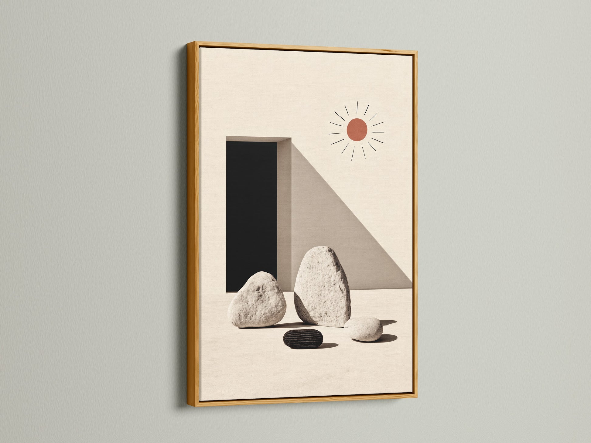 Minimalist stone geometric artwork in a gold frame. The neutral color palette complements any modern space. Perfect for adding a touch of zen to your office or home. The gold frame enhances the artwork's sophisticated appeal. Elevate your wall decor with this stylish art print. A simple yet elegant addition to any interior.