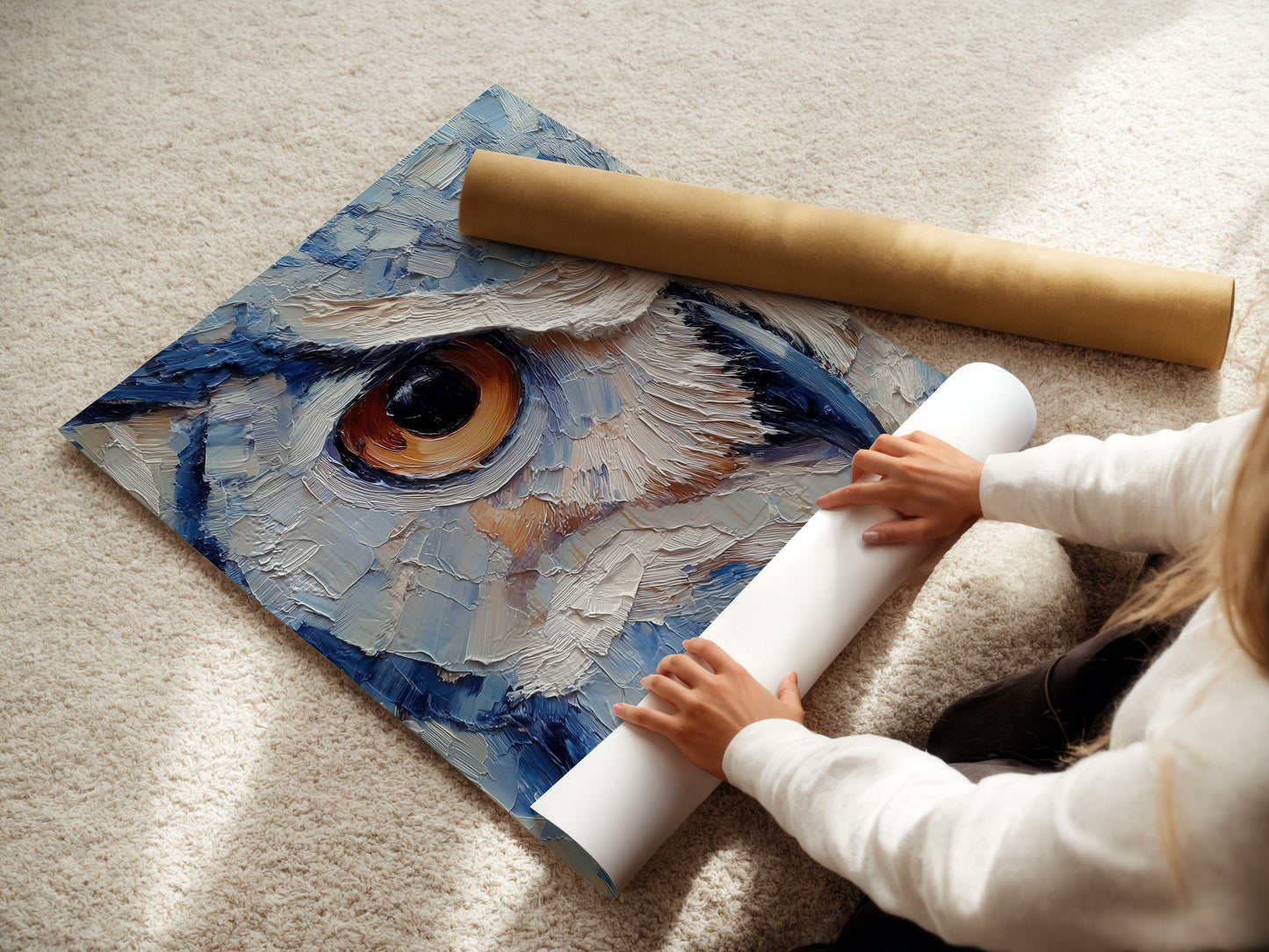A woman is carefully rolling a fine art poster paper. The action highlights the quality and care involved in handling fine art. The poster paper is smooth and substantial. The image emphasizes the attention to detail in art preservation and presentation.