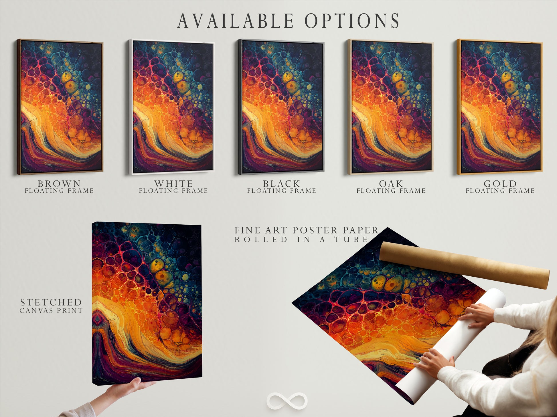 Available art options: stretched canvas print fine art poster paper and floating frame. Choose the perfect format for your artwork. Explore our range of print and framing options. Each option offers a unique look. Customize your art to suit your style.