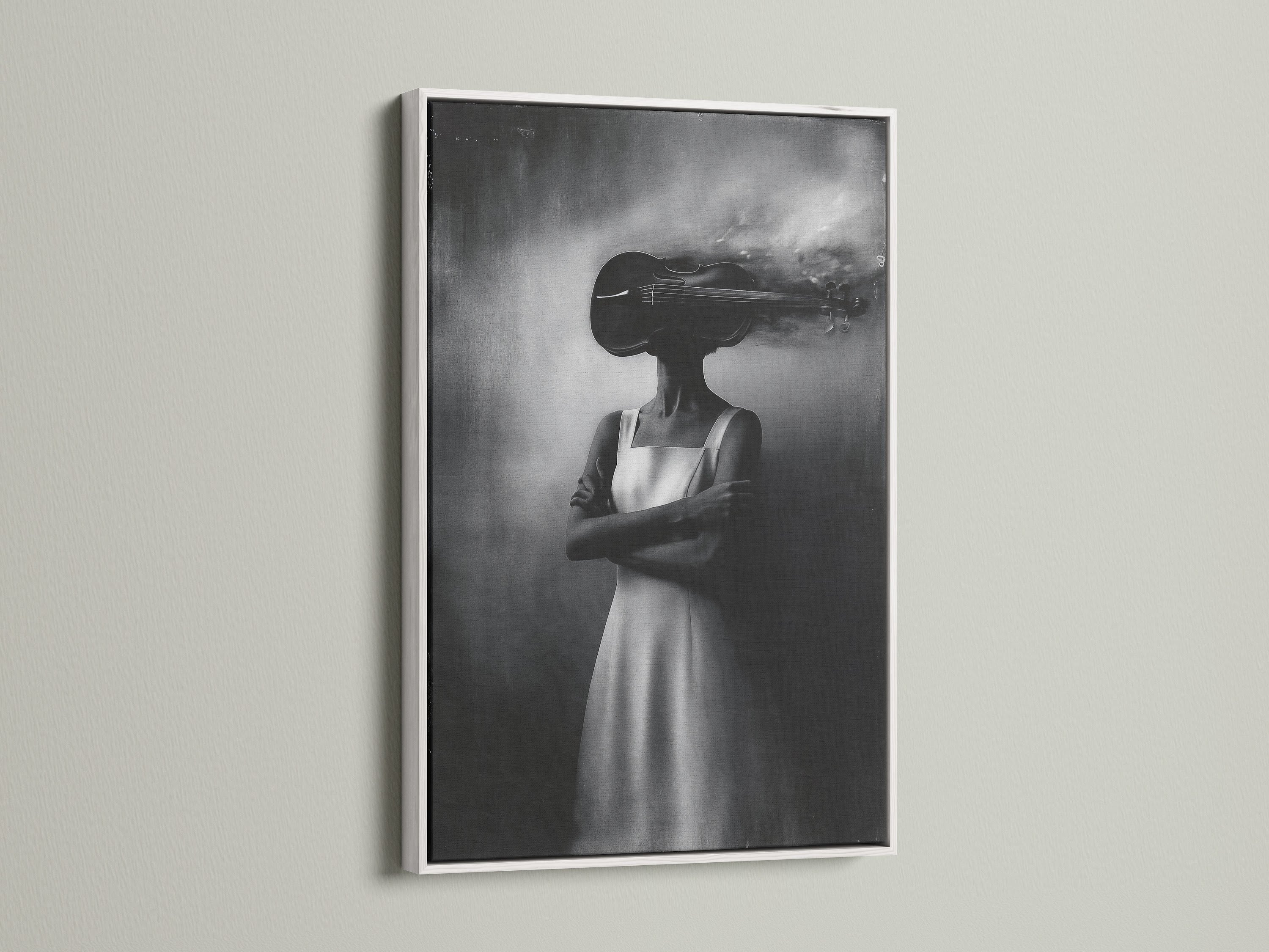 The monochrome surreal woman artwork is presented in a white frame. This fine art print offers a contemporary look. The black and white photography enhances any room. Choose this for artistic wall decor